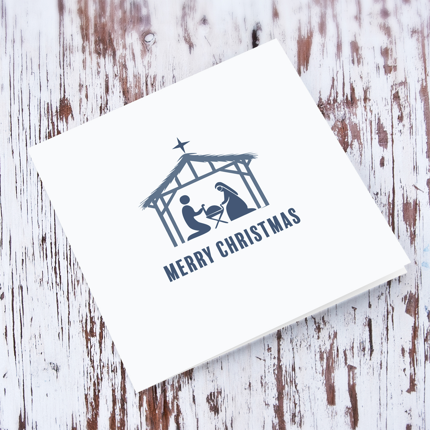 Monochrome Christmas card with minimalist nativity scene in English