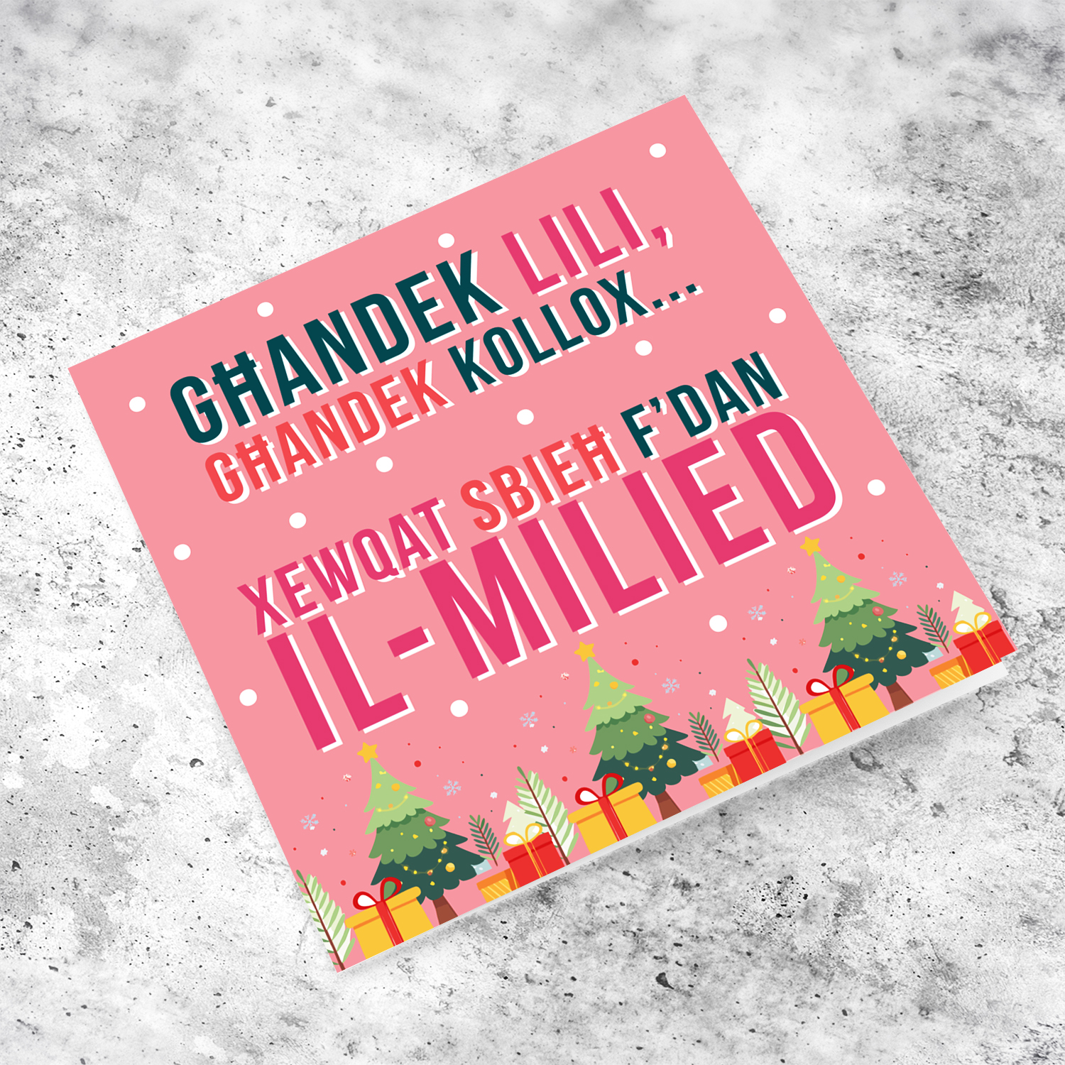Funny Christmas card with pink background and colourful text in Maltese 