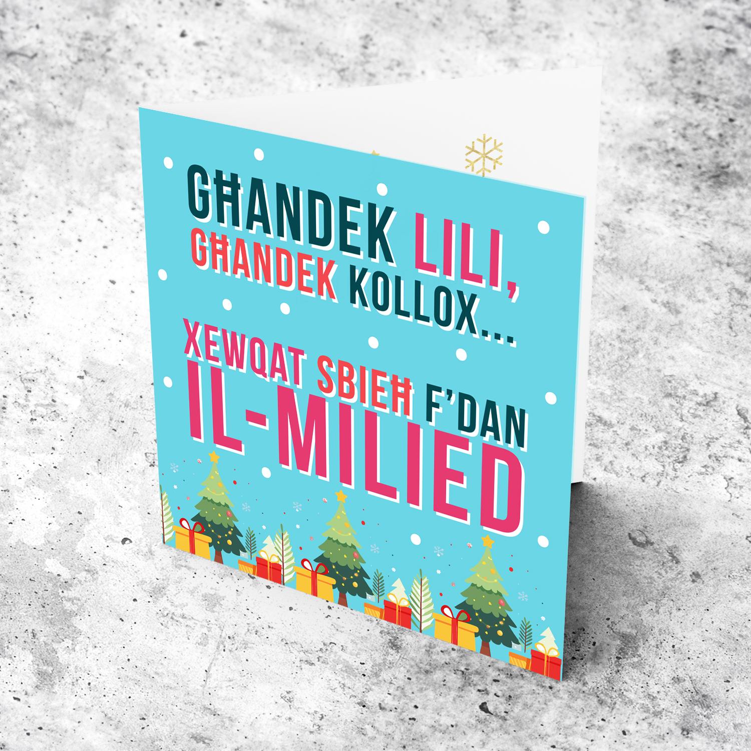 Funny Christmas card with blue background and colourful text in Maltese