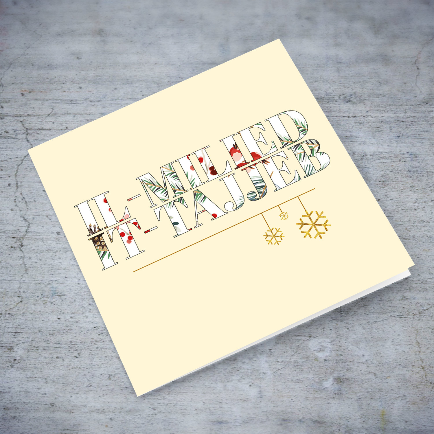A beautiful open Christmas Card with dangling golden glitter snowflakes in Maltese