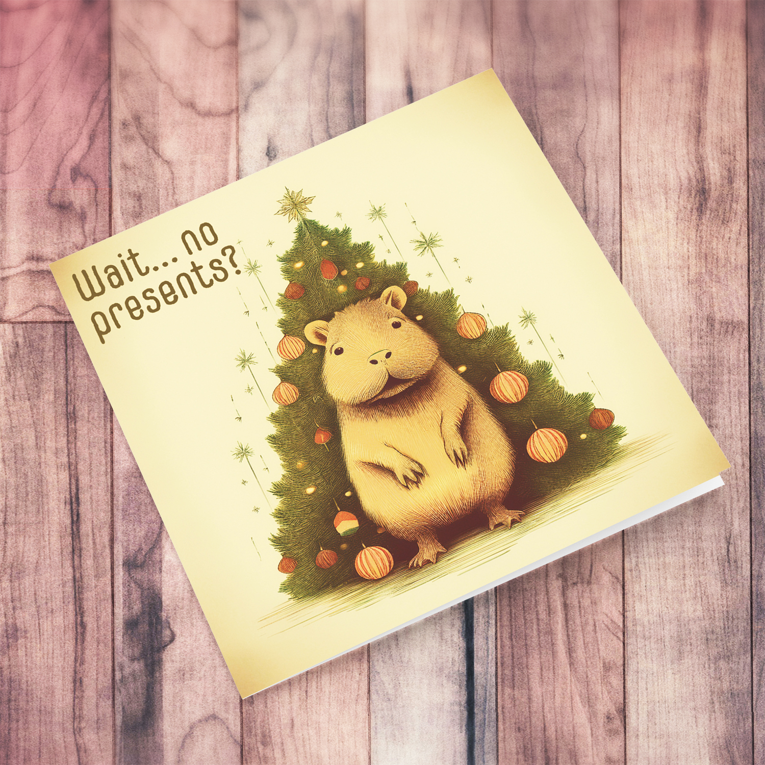 A cute & funny capybara themed Christmas card - Wait... no presents? in English