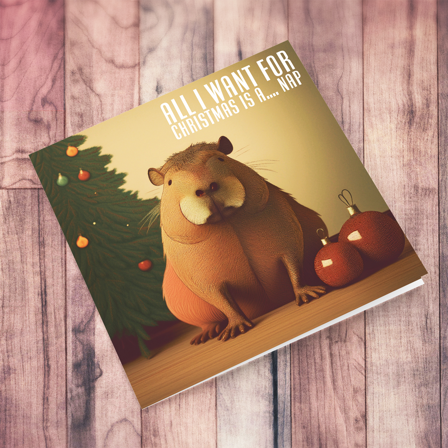 A funny Christmas card featuring a capybara sitting near a Xmas tree - All I want of Christmas is a ... nap in English
