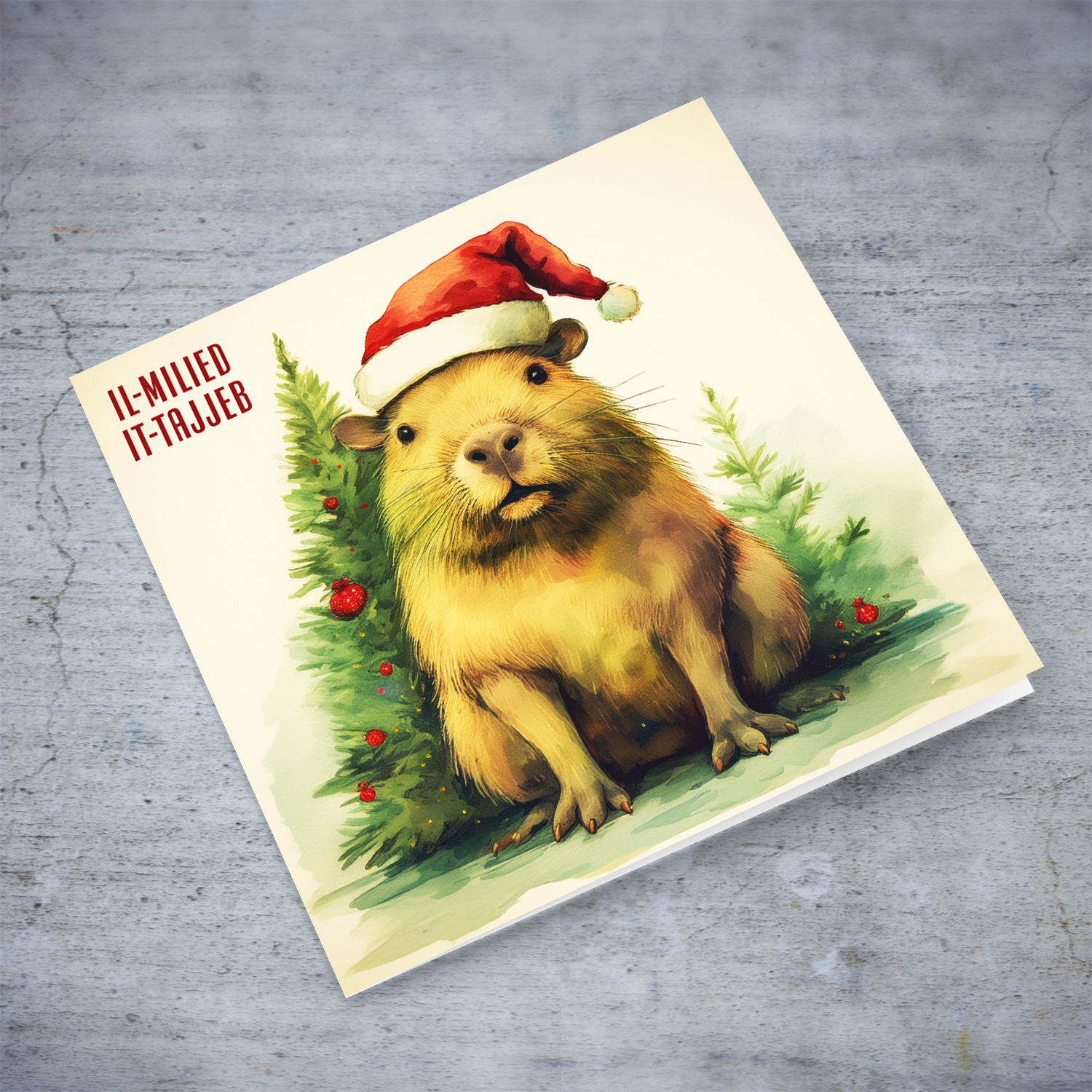 A cute capybara themed open Christmas card with beautiful Christmas trees with red baubles in Maltese