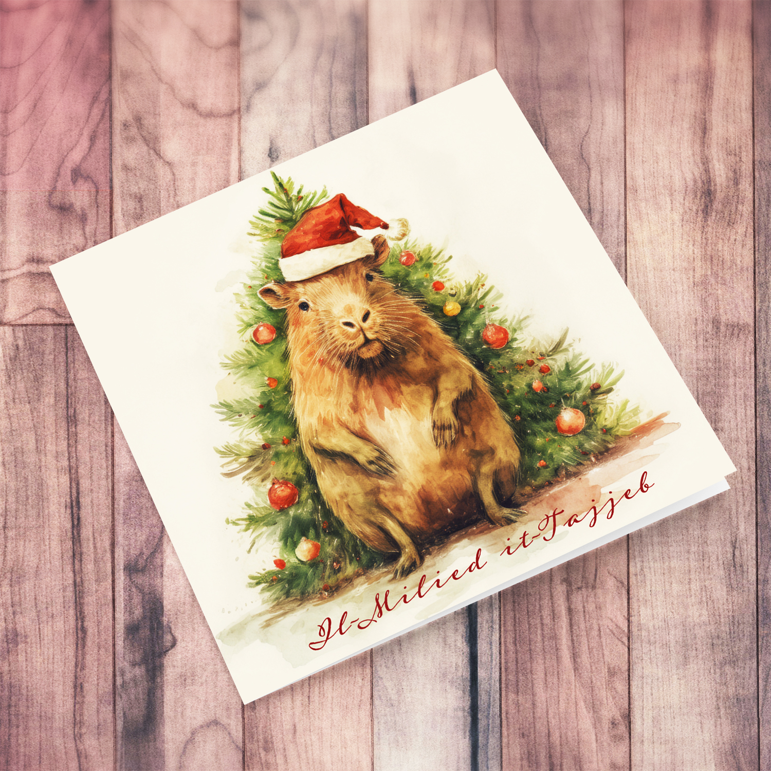 A capybara wearing santa's hat, standing near a Christmas tree in Maltese