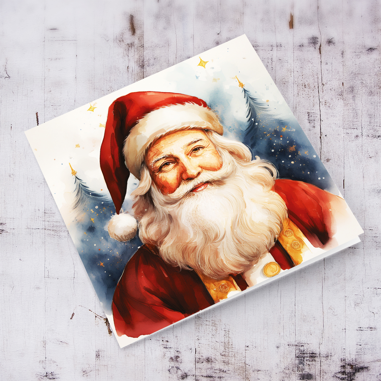 An open Christmas card featuring St Nicholas / Santa Claus with a bluish watercolour background in English