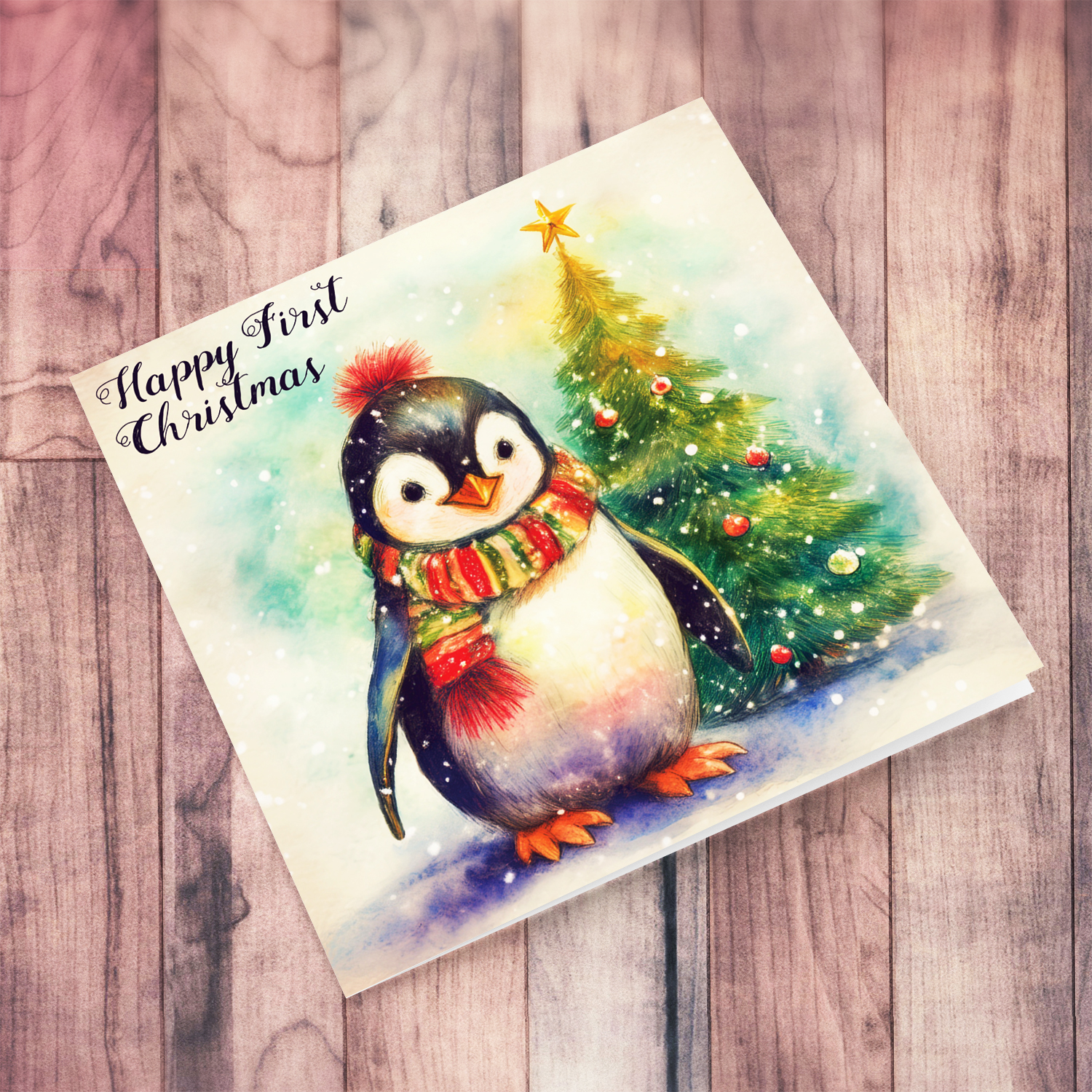 Happy First Christmas card - featuring a cute penguin wearing a colourful scarf near a Christmas tree with falling snow in English