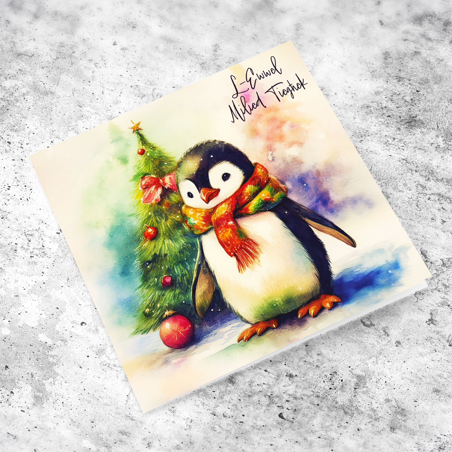 Happy First Christmas card - featuring a cute penguin wearing a colourful scarf in Maltese