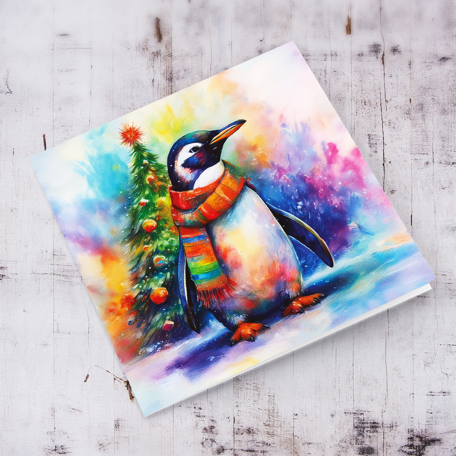 A cute penguin Christmas card with bright colours and beautiful Christmas tree in Maltese