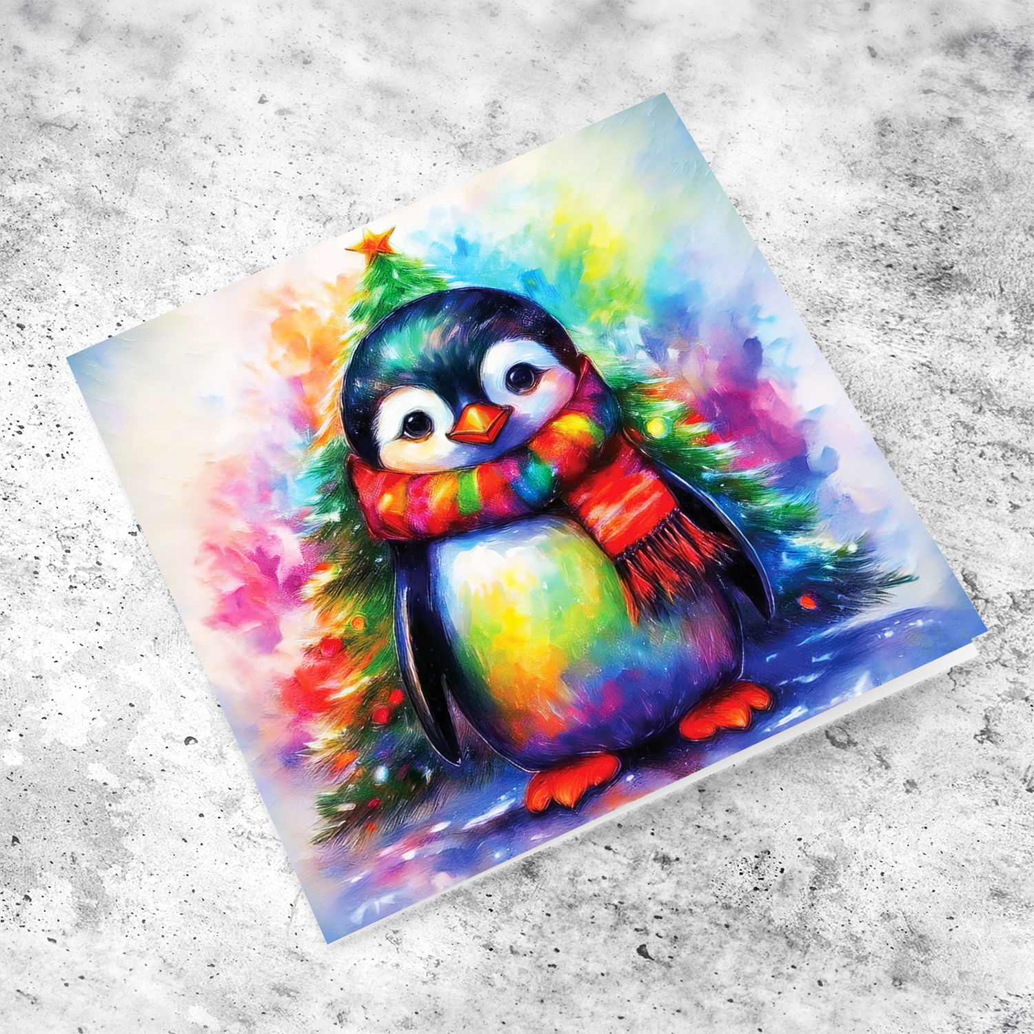 A cute baby penguin, wearing a fluffly colourful scarf in Maltese