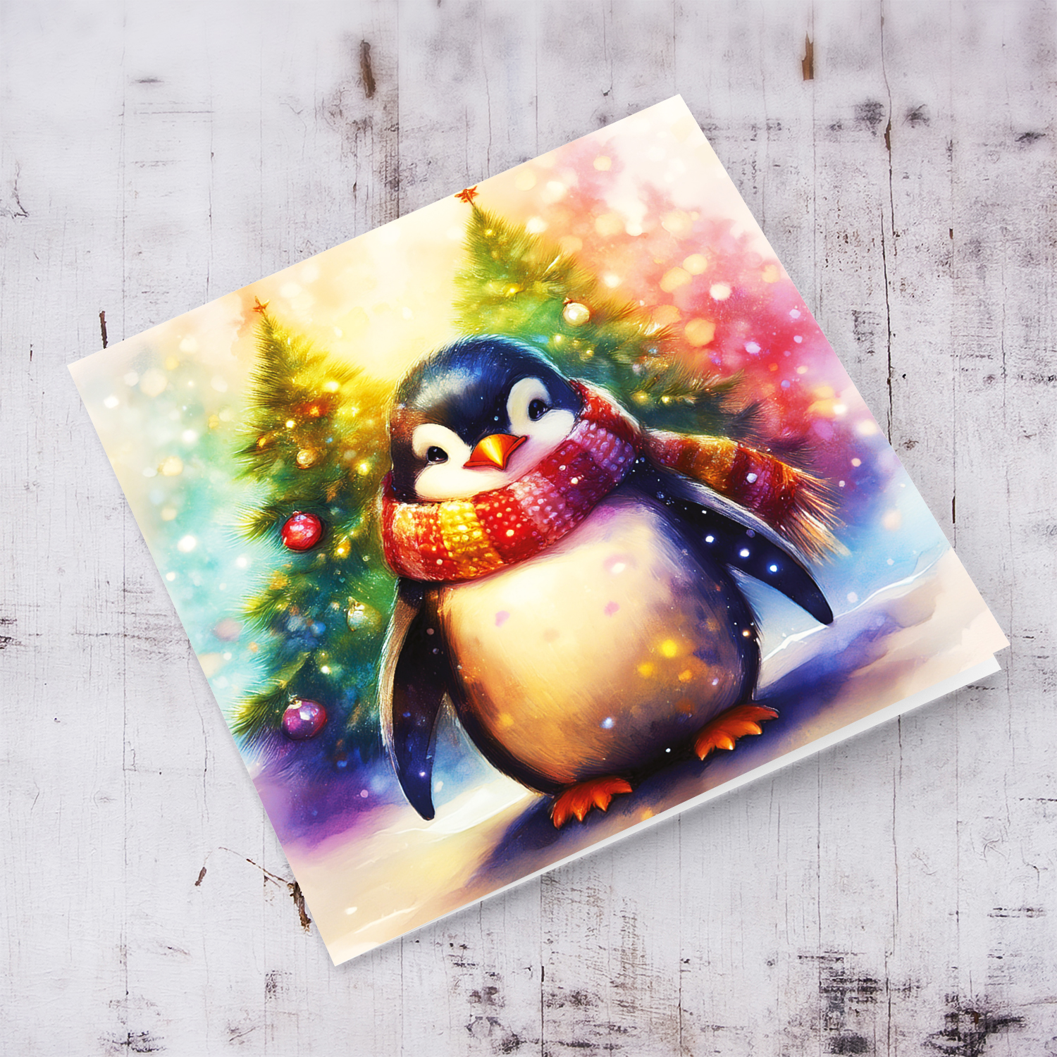 A cute baby penguin themed open Christmas card in soft colourful colours in Maltese
