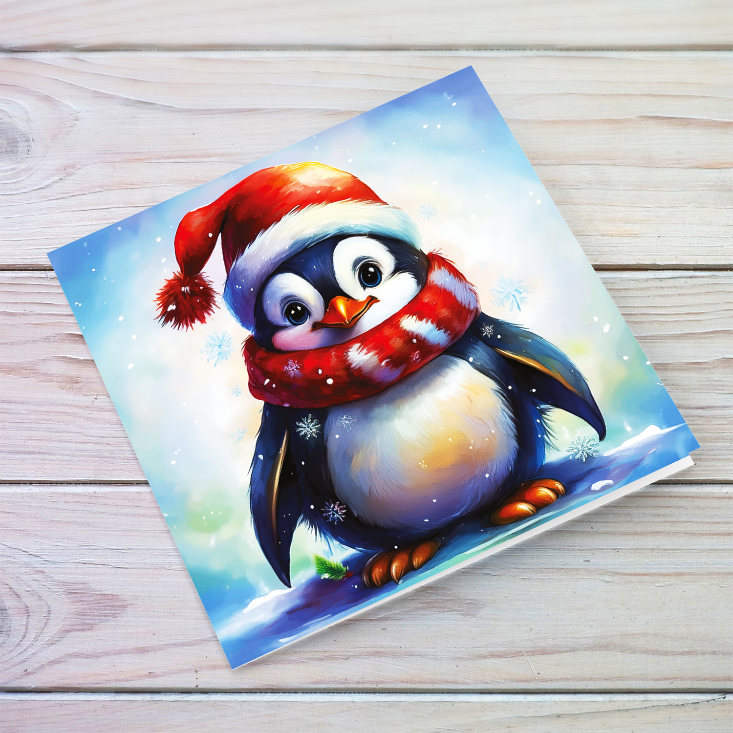 The cutest penguin, wearing Santa's hat and fluffy scarf with snowing background in English