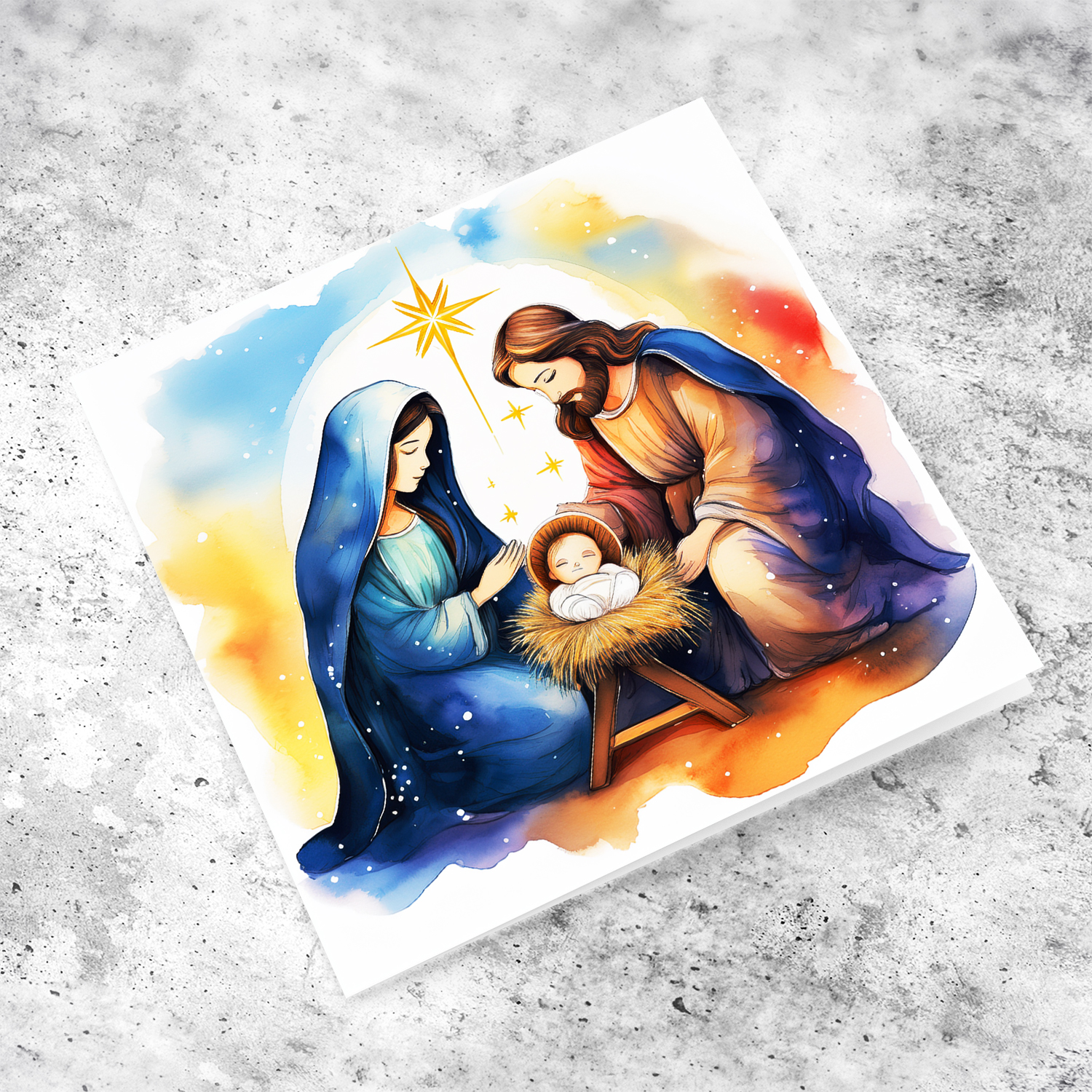 A beautiful Nativity scene Christmas card in watercolours with a Maltese message inside (in Maltese)