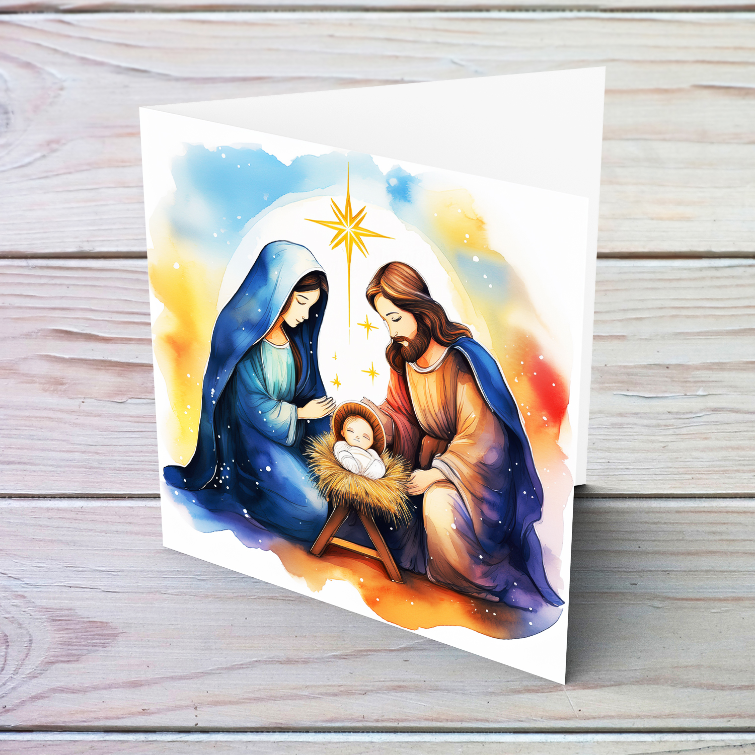 A beautiful Nativity scene Christmas card in watercolours with a Maltese message inside (in English)