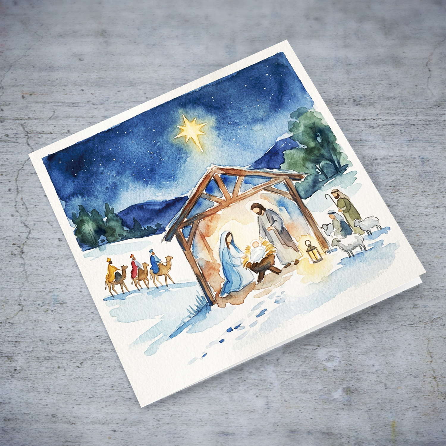 A beautiful minimalist watercolour nativity scene greeting card in Maltese