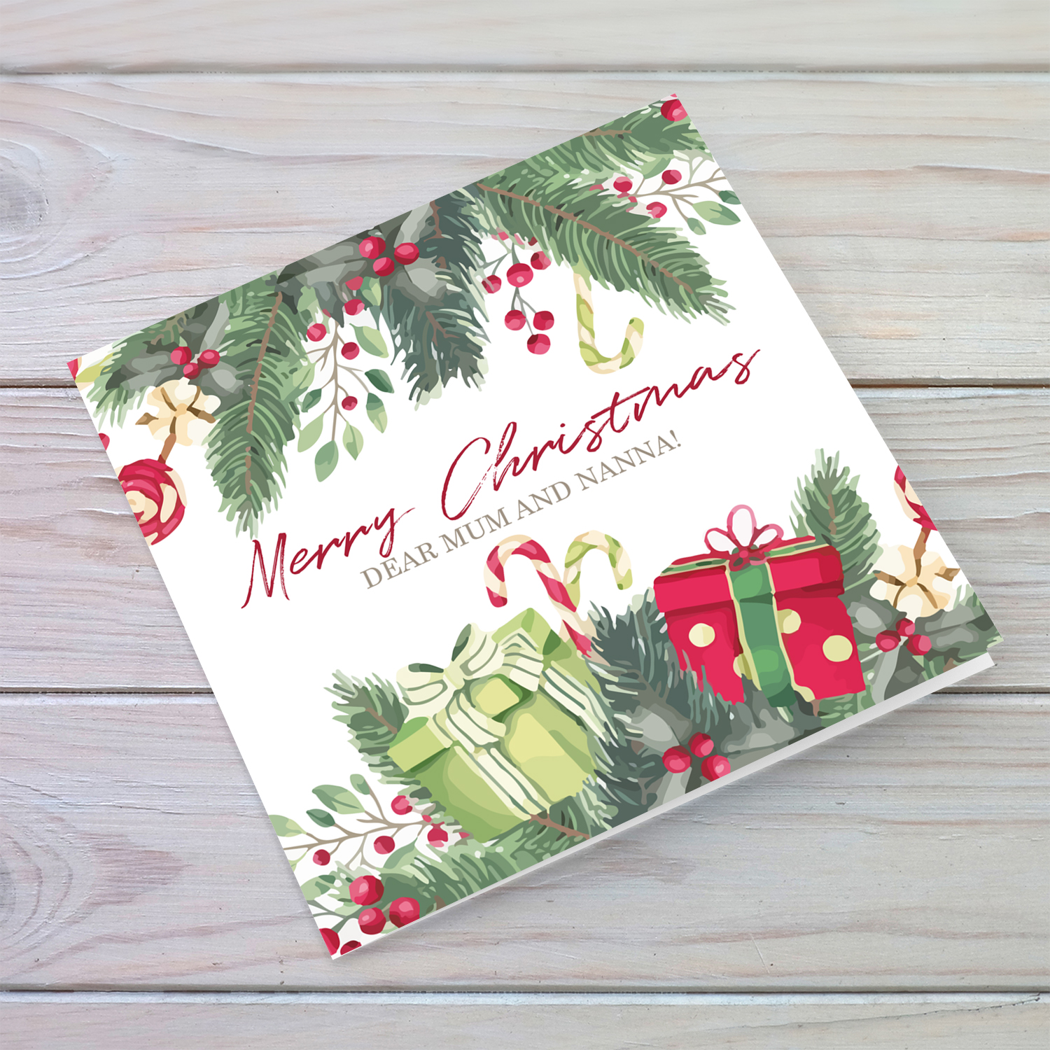 Mother & Grandma - Christmas card with hollies and gifts for Mum & Nanna In English