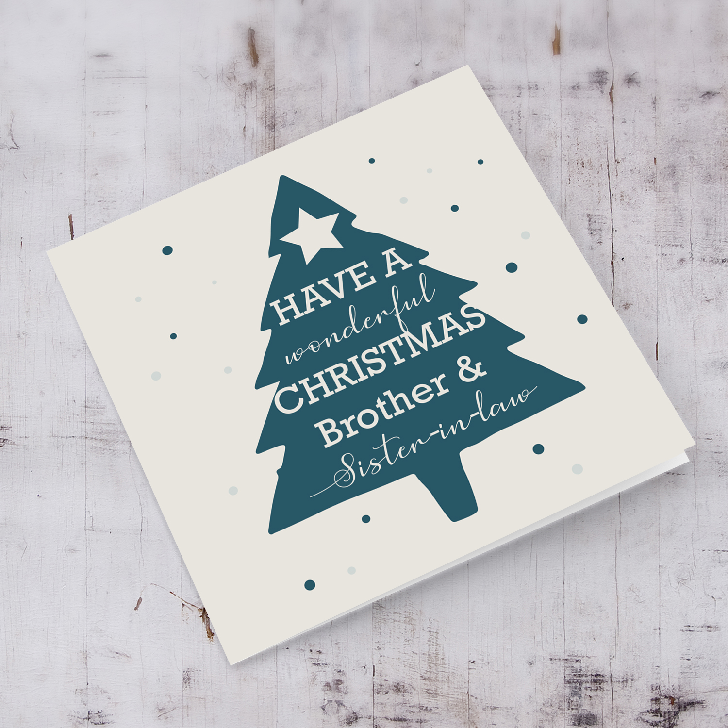 Green Christmas tree card with scattered snow Christmas card for brother and sister-in-law in English