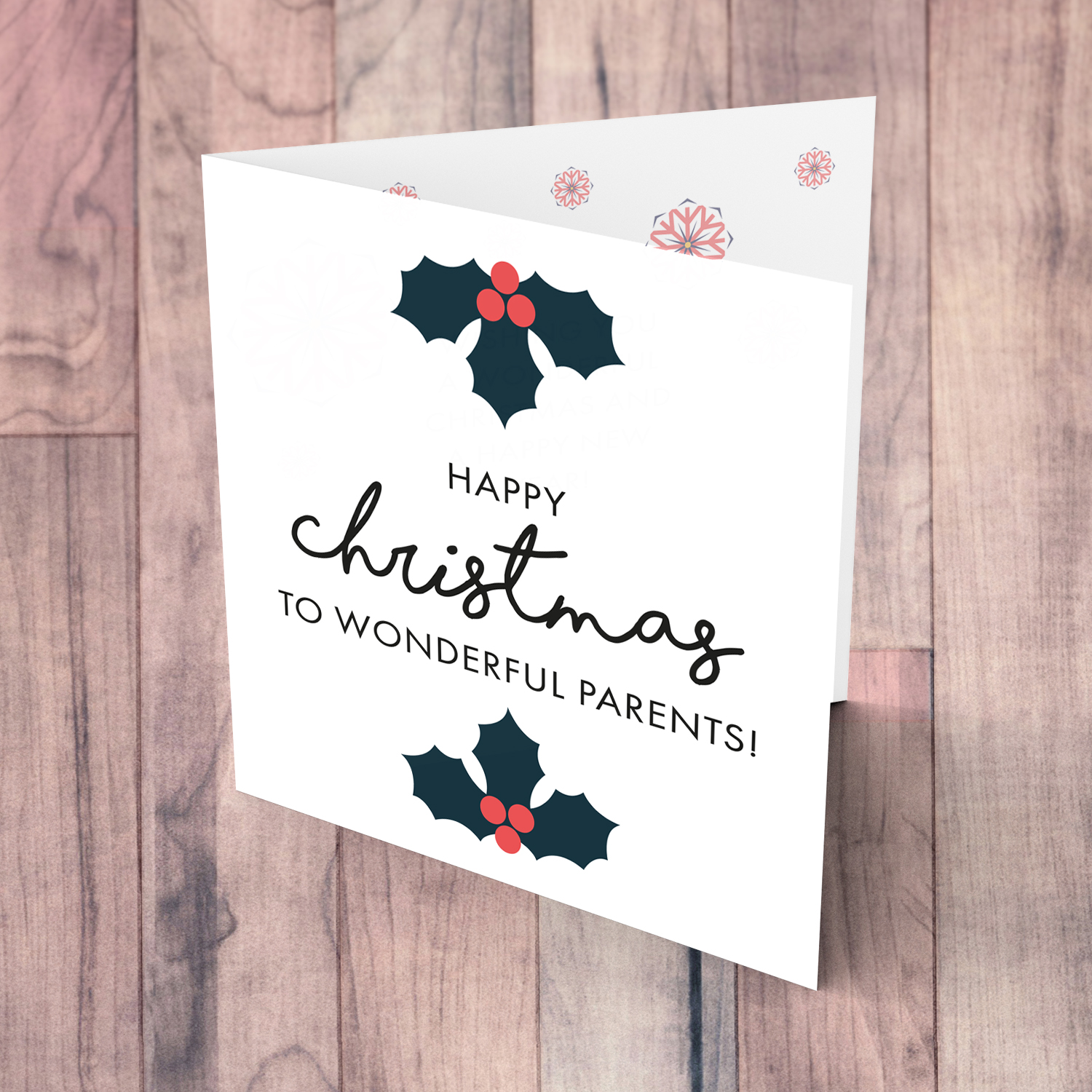 Parents - Minimalist Christmas card with hollies for wonderful parents in English