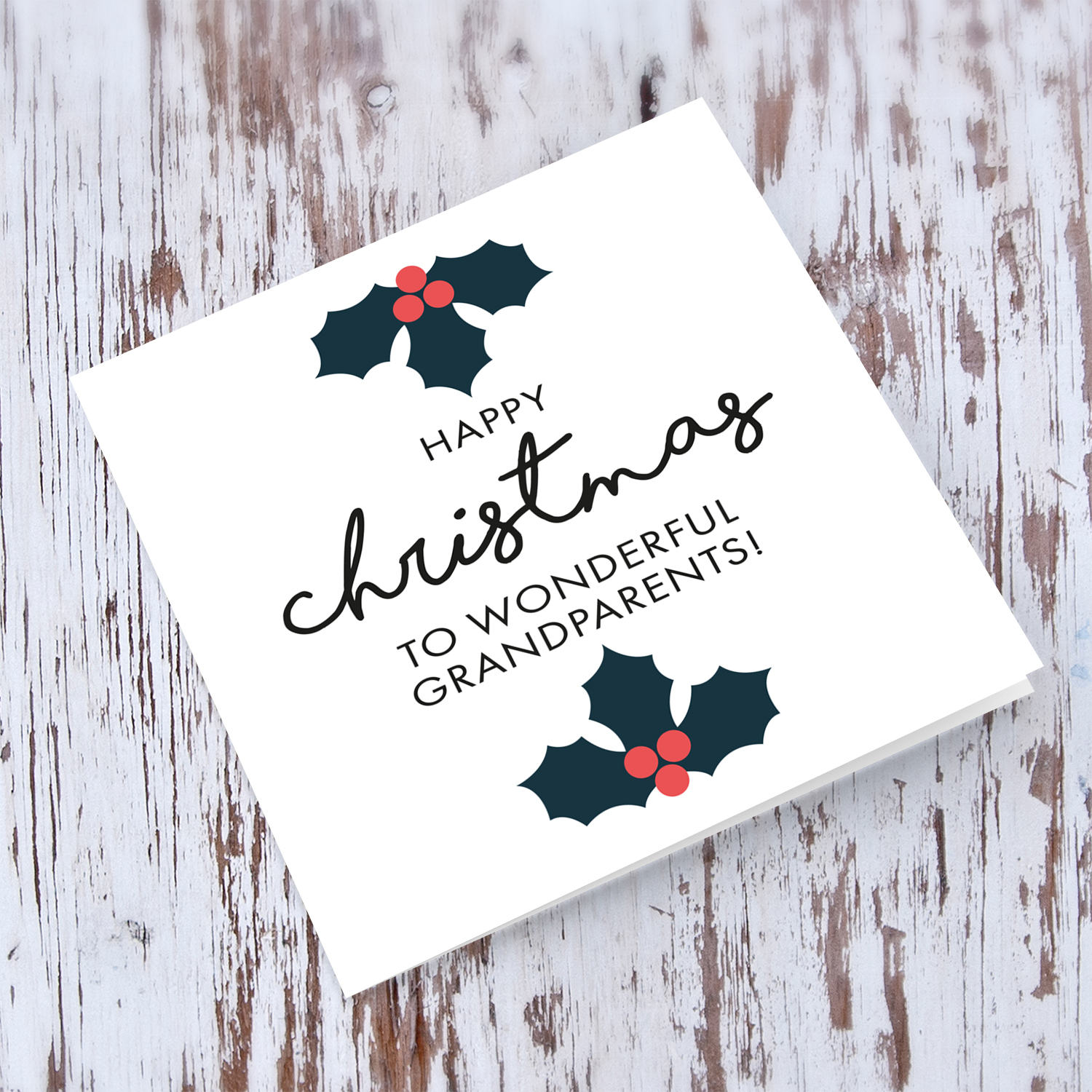 Grandparents - Minimalist Christmas card with hollies for wonderful Grandparents in English