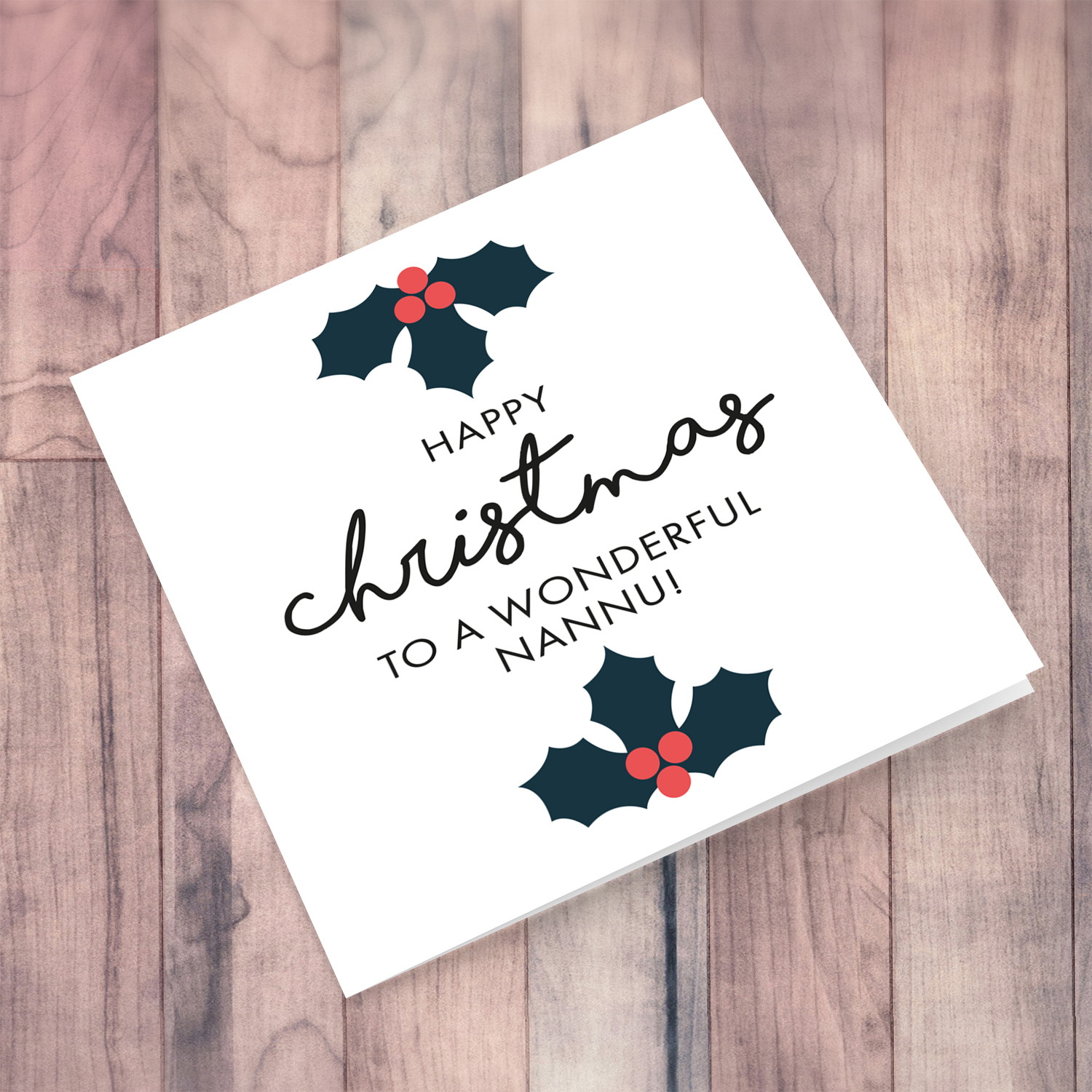 Grandpa - Minimalist Christmas card with hollies to a wonderful Nannu in English