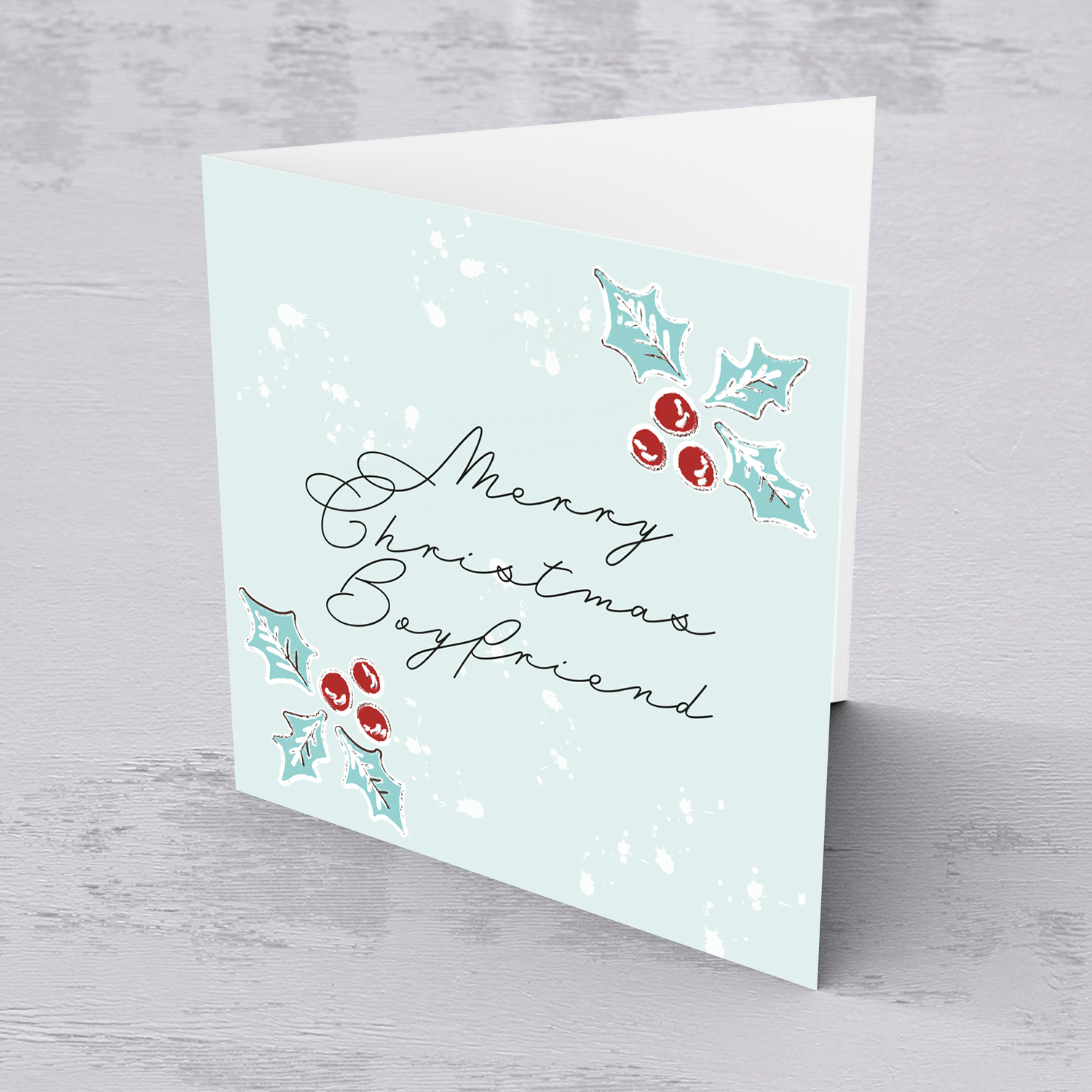 Boyfriend - Christmas holly, scattered snow, and light background Christmas card for boyfriend in English