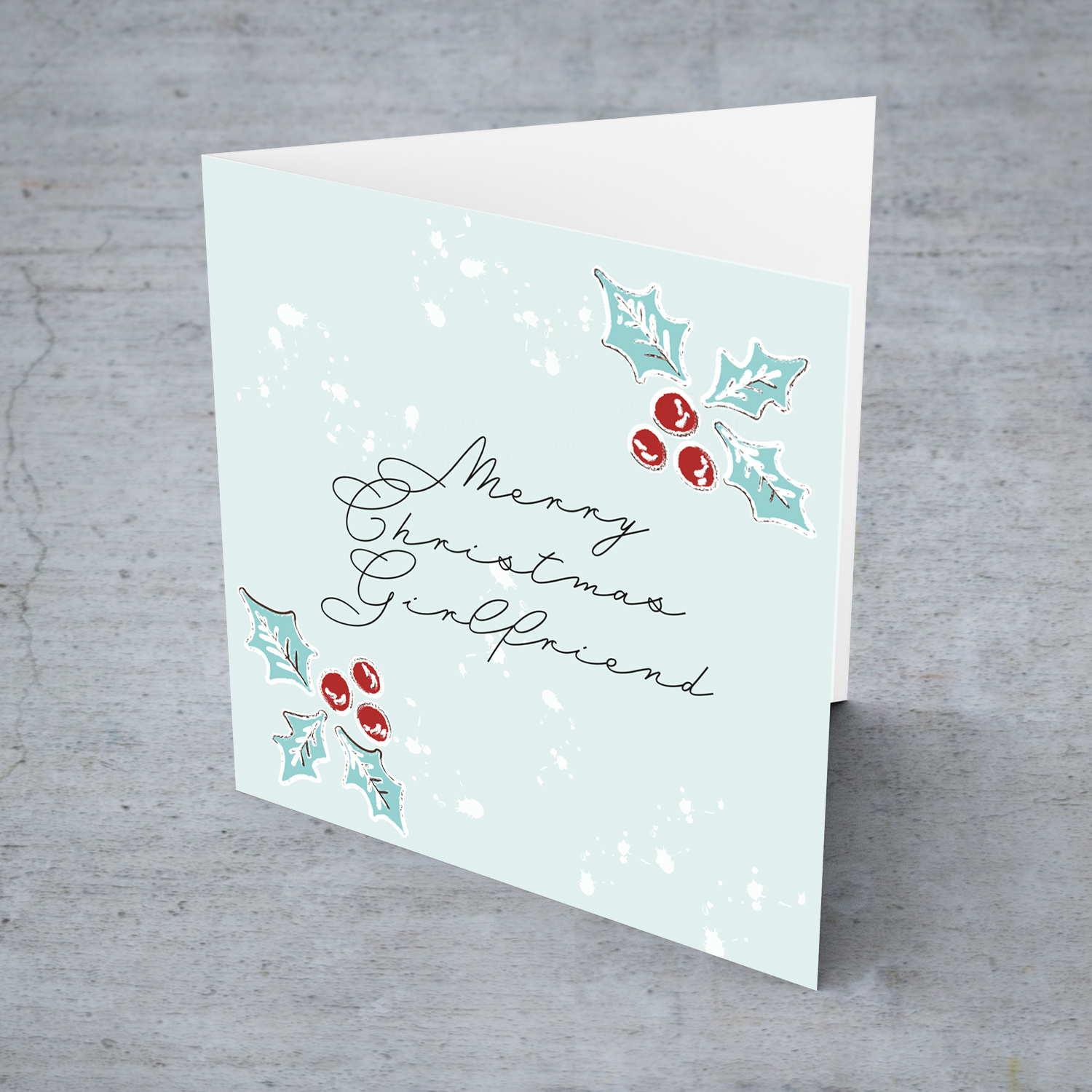 Girlfriend - Christmas holly, scattered snow, and light background Christmas card for girlfriend in English