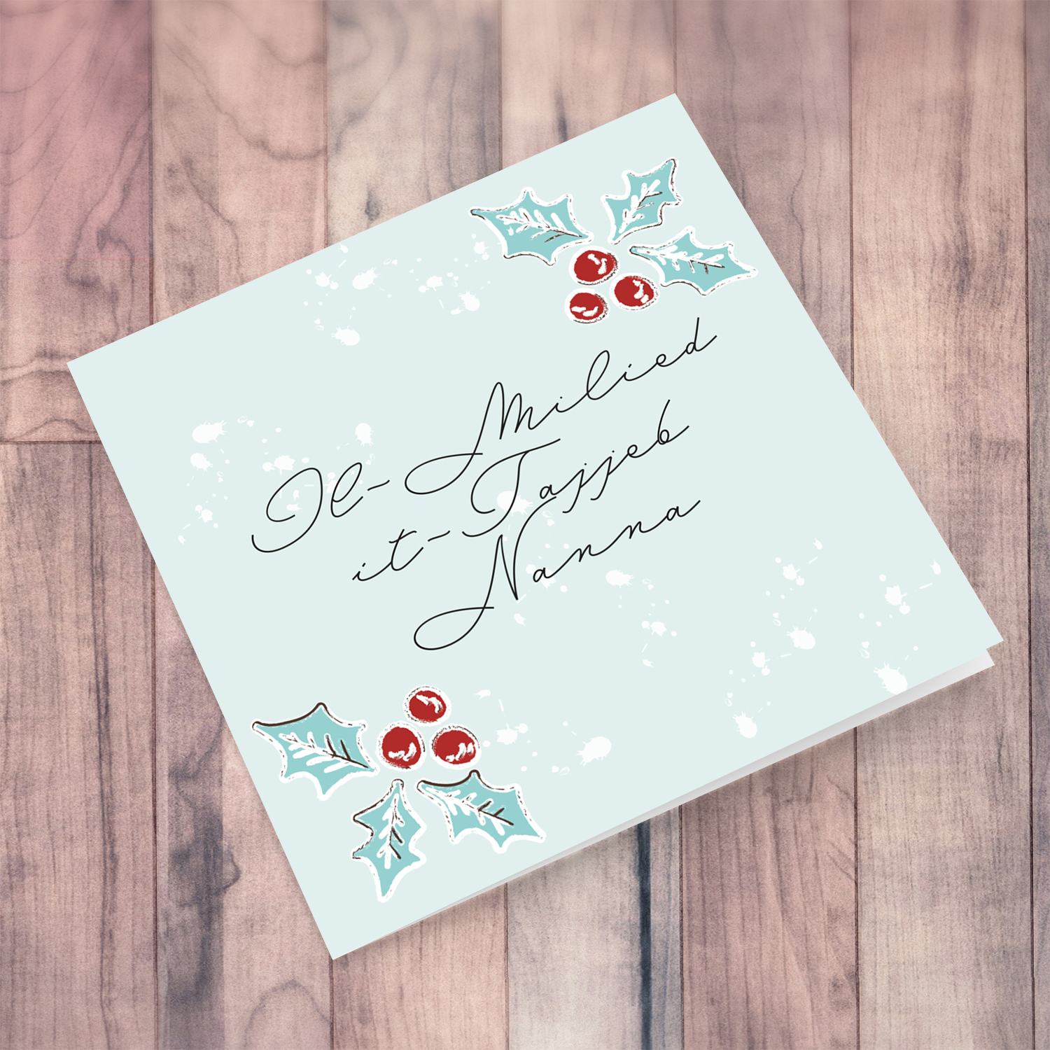 Grandma - Christmas holly, scattered snow, and light background Christmas card for Nanna (Grandma) in Maltese