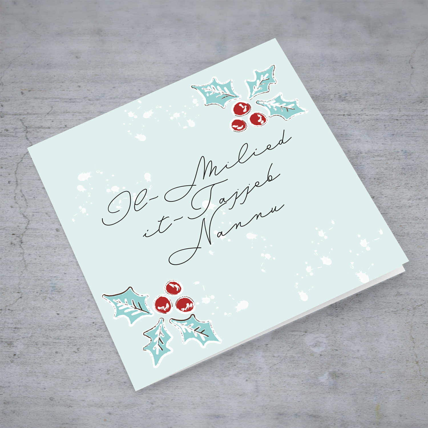 Grandpa - Christmas holly, scattered snow, and light background Christmas card for Nannu (Grandpa) in Maltese