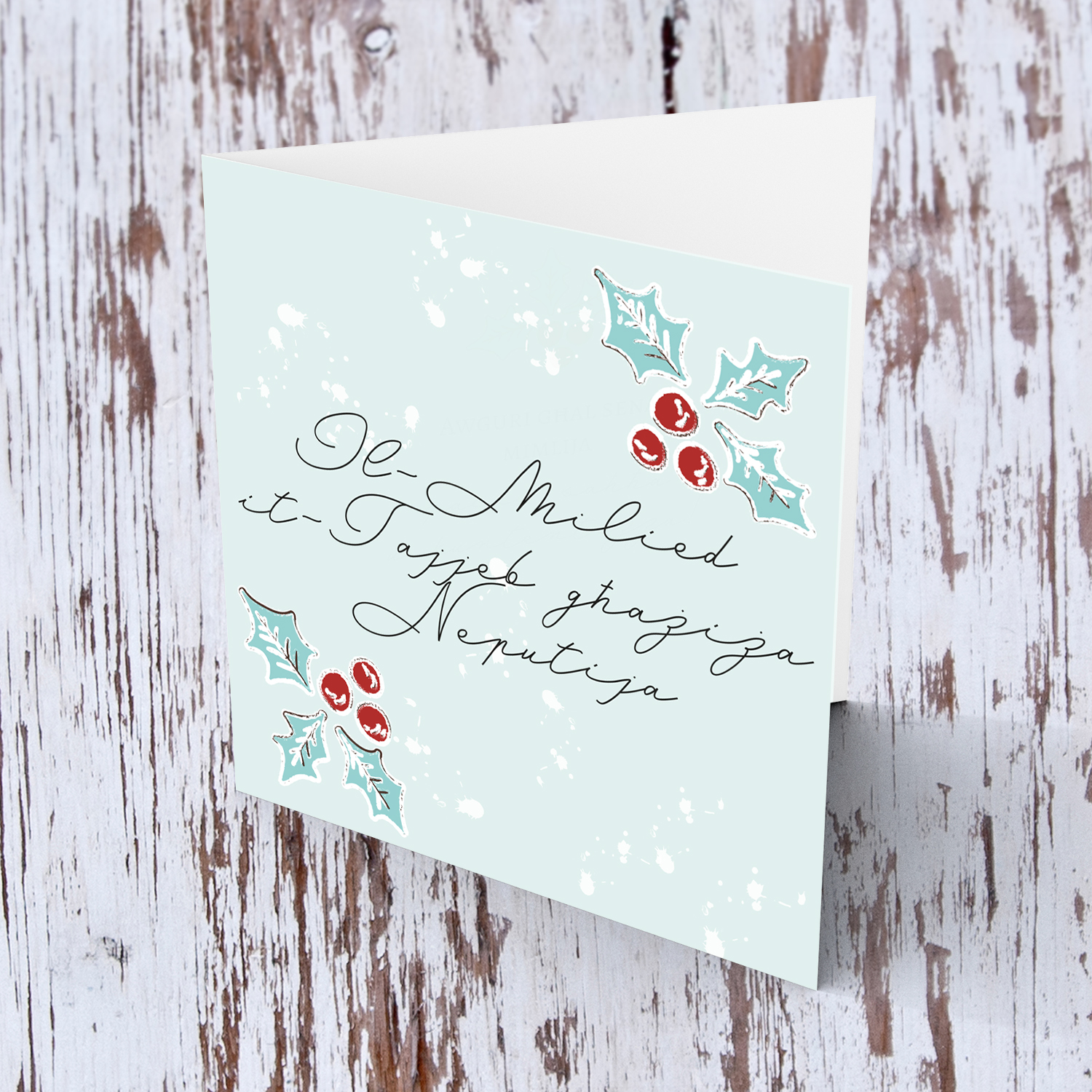 Niece  - Christmas holly, scattered snow, and light background Christmas card for Niece in Maltese