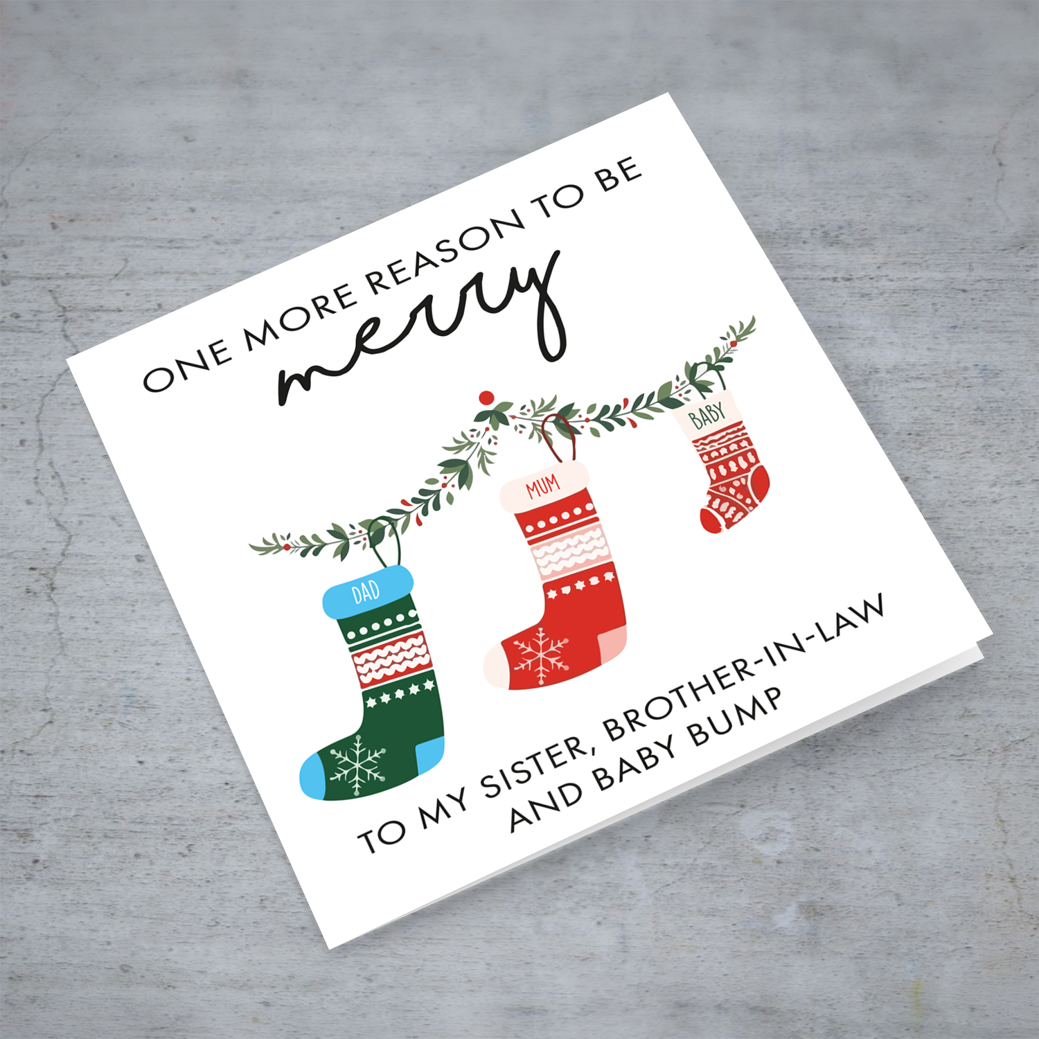 Baby Announcement - One more reason to be merry - sister, brother in law and baby bump in English