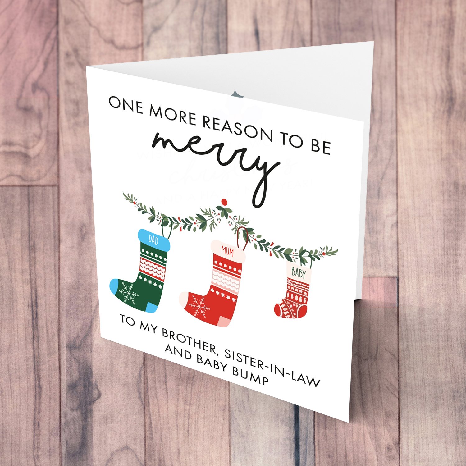 Baby Announcement - One more reason to be merry - brother, sister in law and baby bump in English