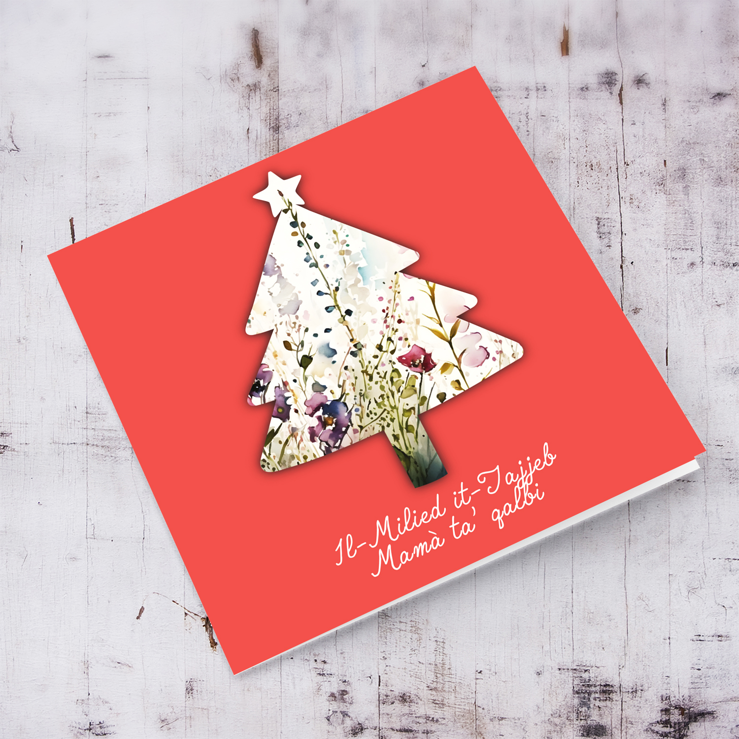 Coral coloured background with flowery christmas tree shaped card for Mum / Mother in Maltese