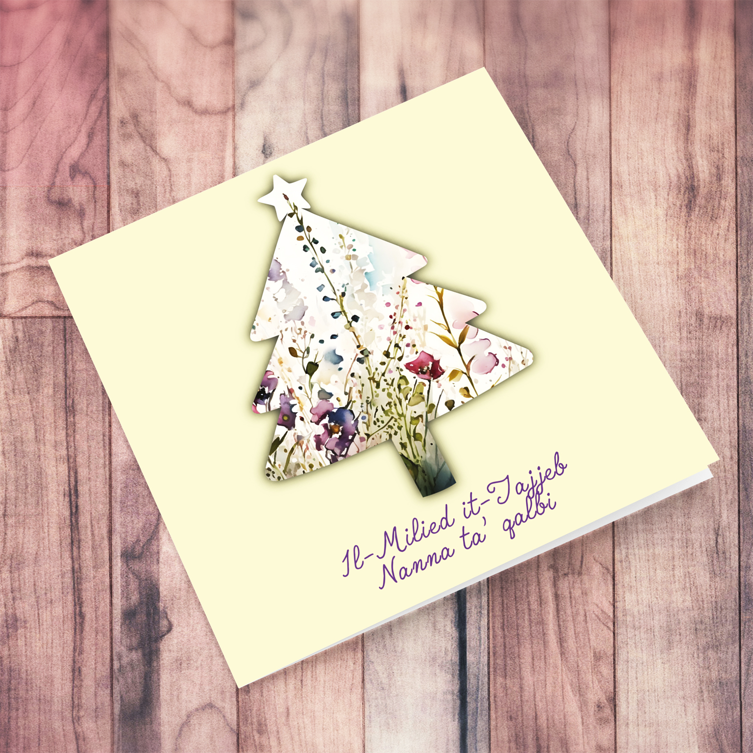 Light cream flowery christmas tree shaped card for Grandma in blue background in Maltese