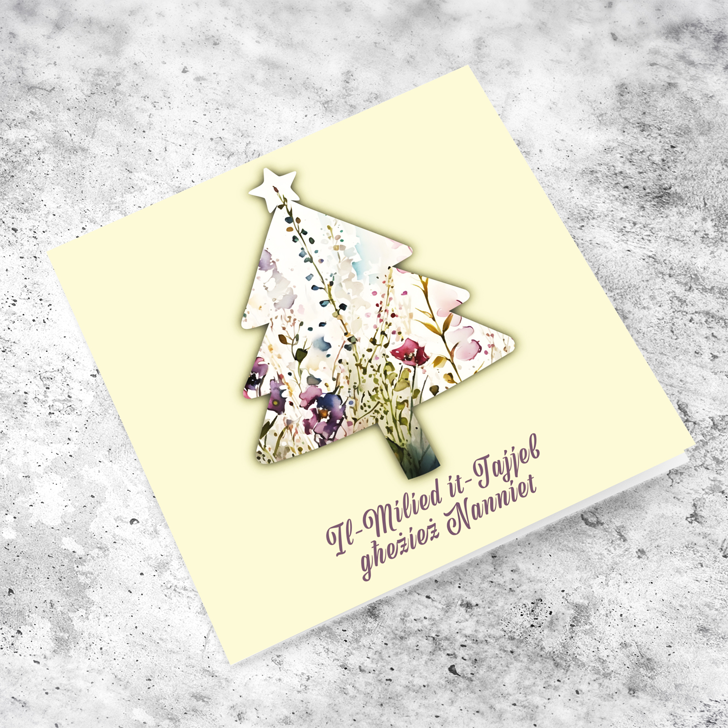 Light cream flowery christmas tree shaped card for Grandparents in blue background in Maltese