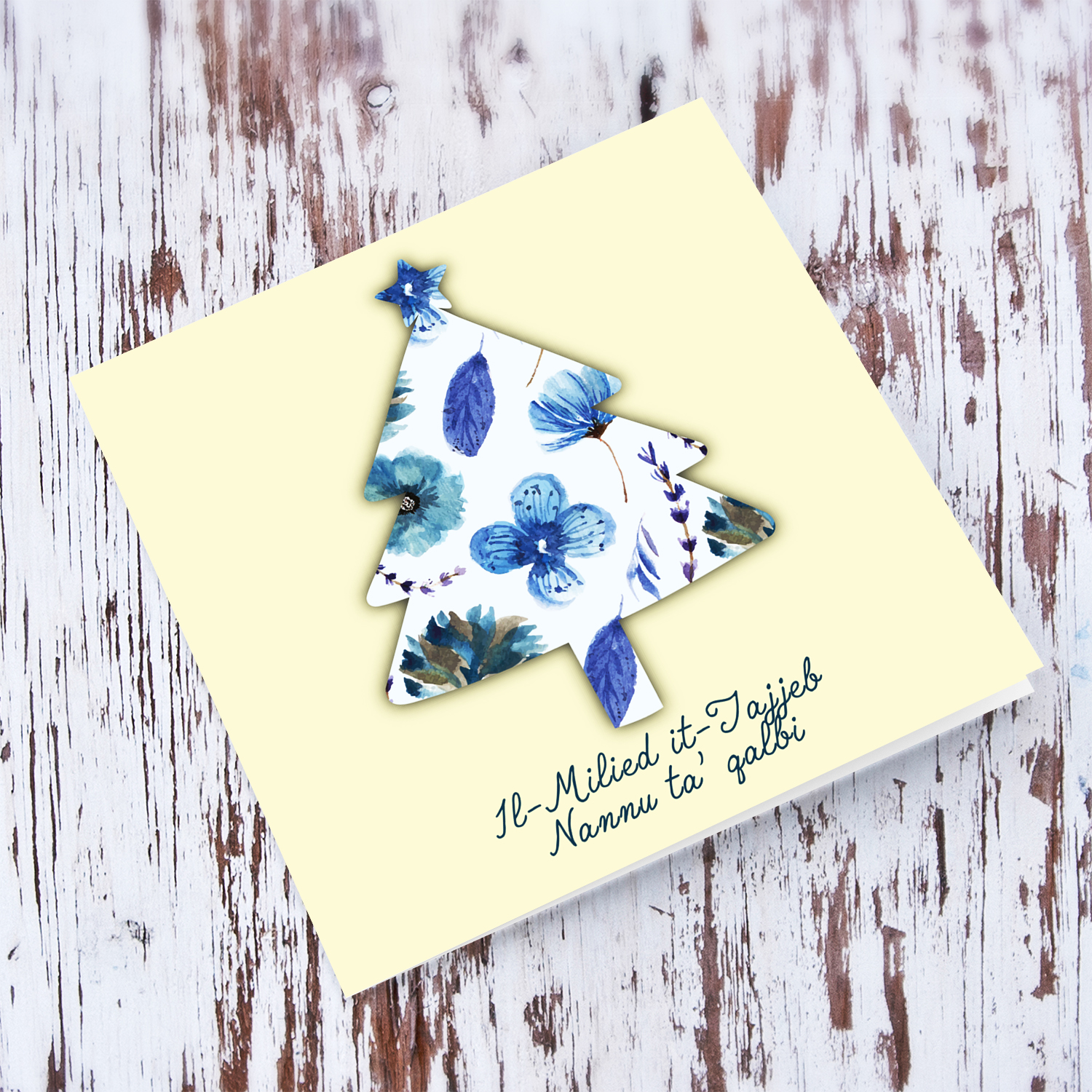 Shades of blue flowery Christmas tree shaped card for Grandpa in Maltese