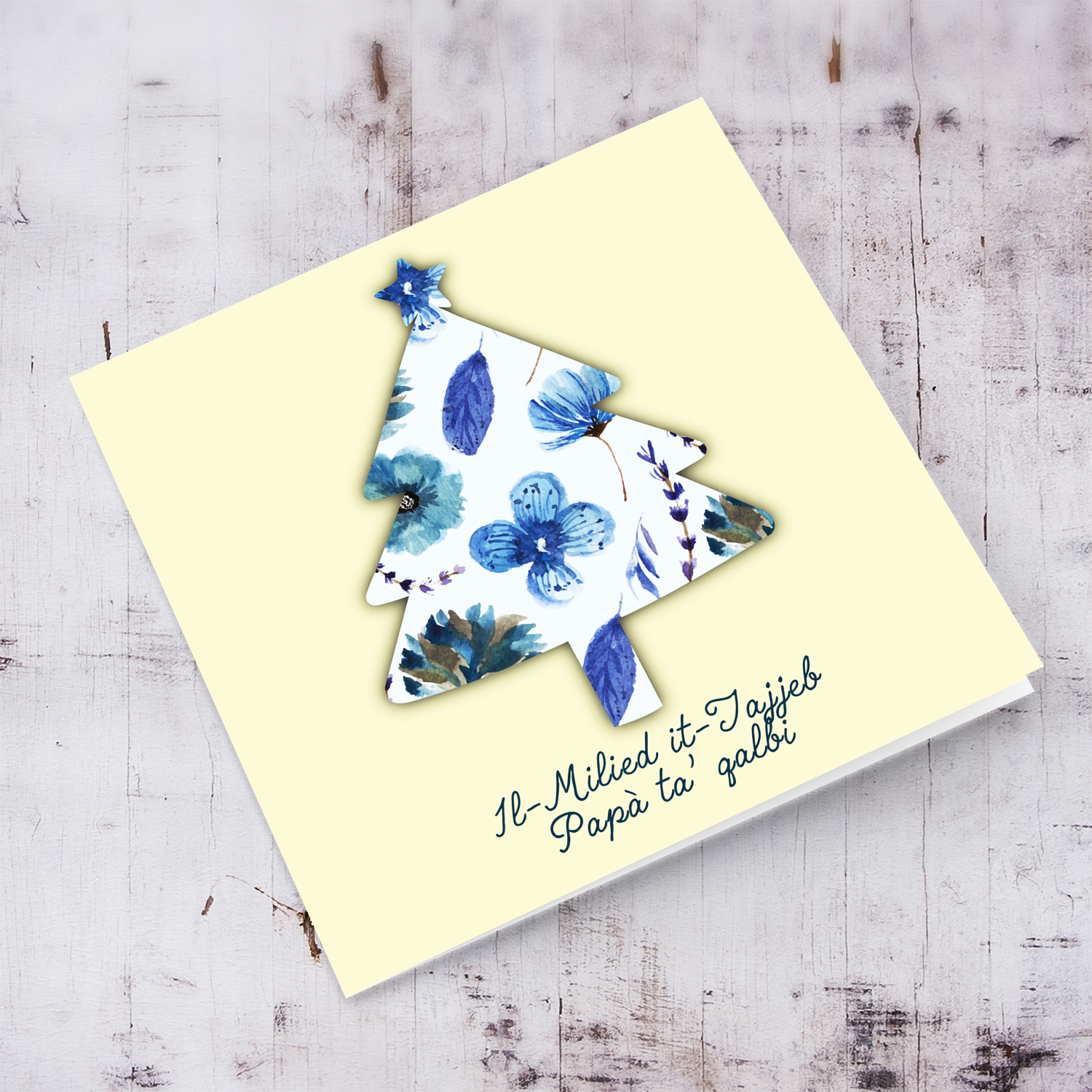 Shades of blue flowery Christmas tree shaped card for Dad in Maltese