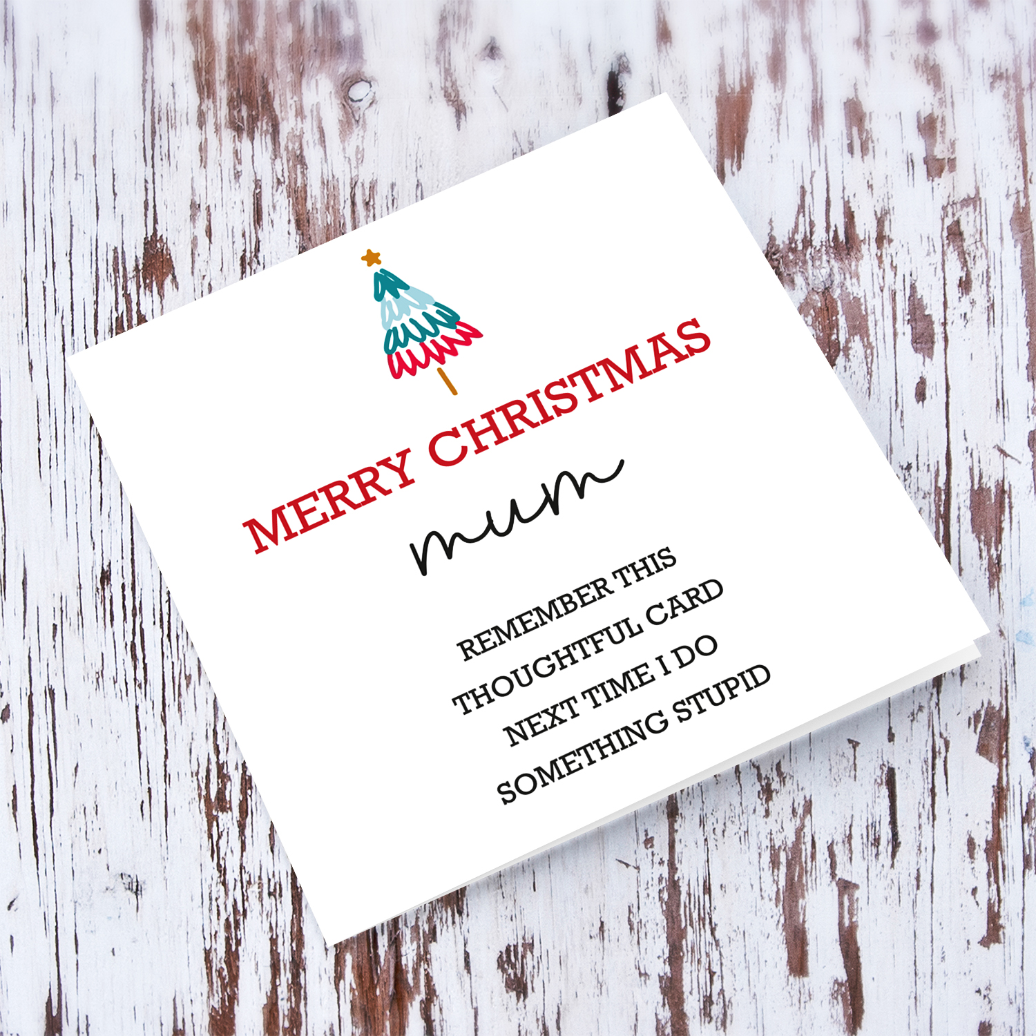 Funny minimalist Christmas card with small xmas tree for mum in English (SINGULAR)