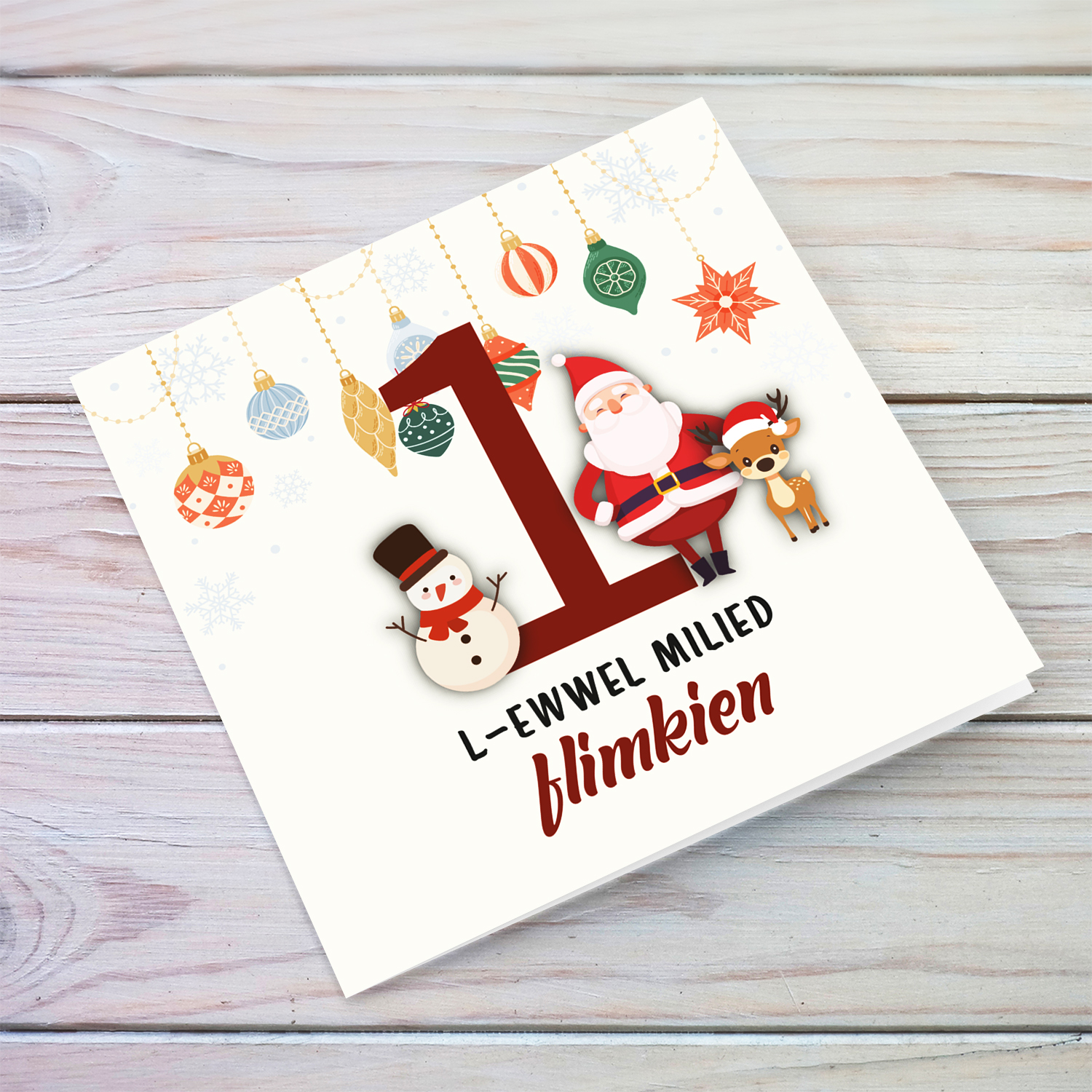 A special 1st Christmas card, featuring hanging baubles with a cute snowman, santa, and reindeer for First Christmas together in Maltese