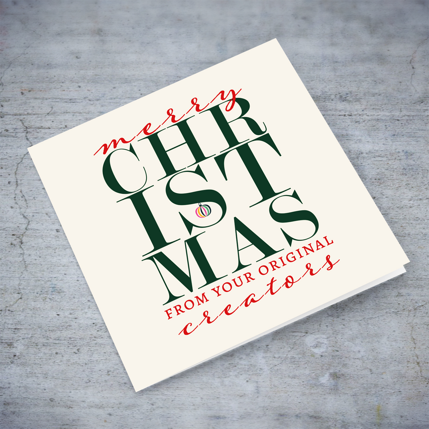 A funny and modern Christmas card, in the holiday's  season colours with various hanging baubles for Son or Daughter from Parents in English (Unisex and Neutral)