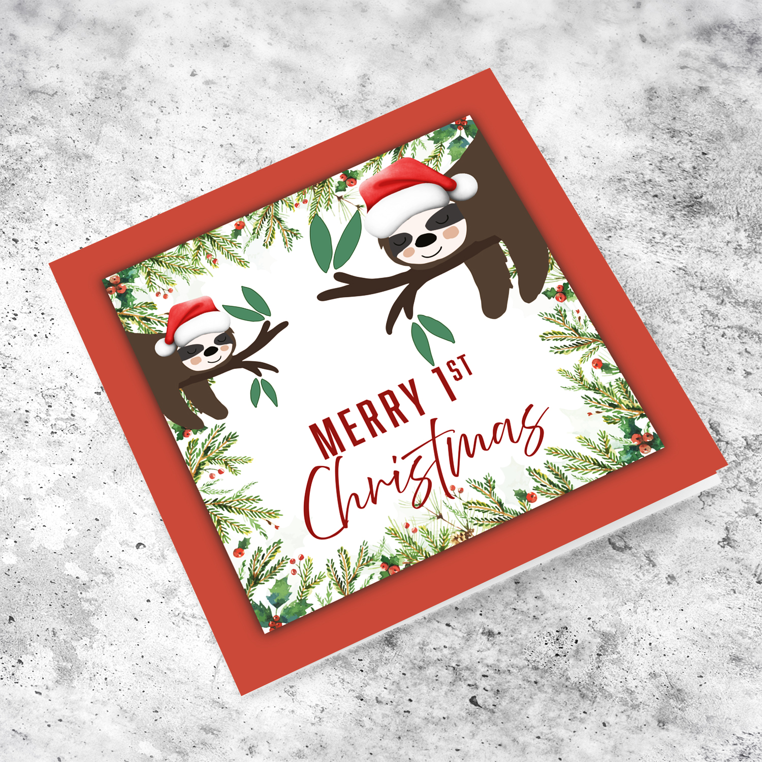 A cute first Christmas card, featuring 2 sloths wearing Santa hats in English (Unisex)