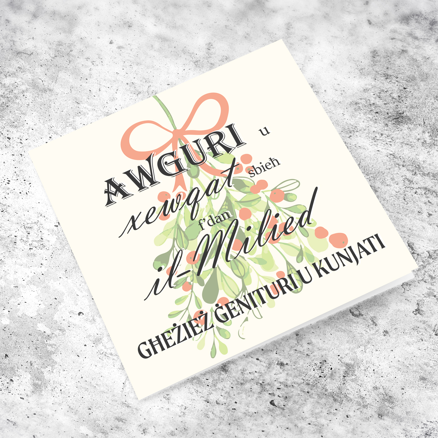 Mistletoe with bow themed Christmas card for parents and in-laws in Maltese