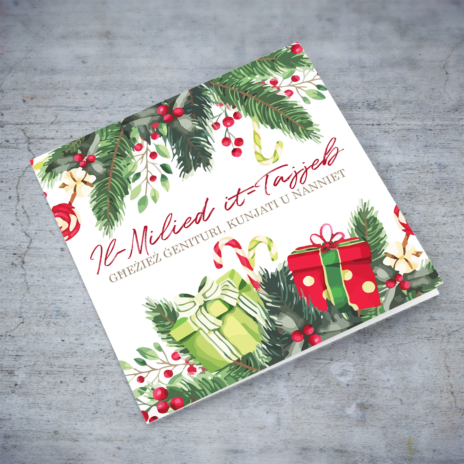 Presents & holly themed Christmas card for parents, in-laws and grandparents in Maltese