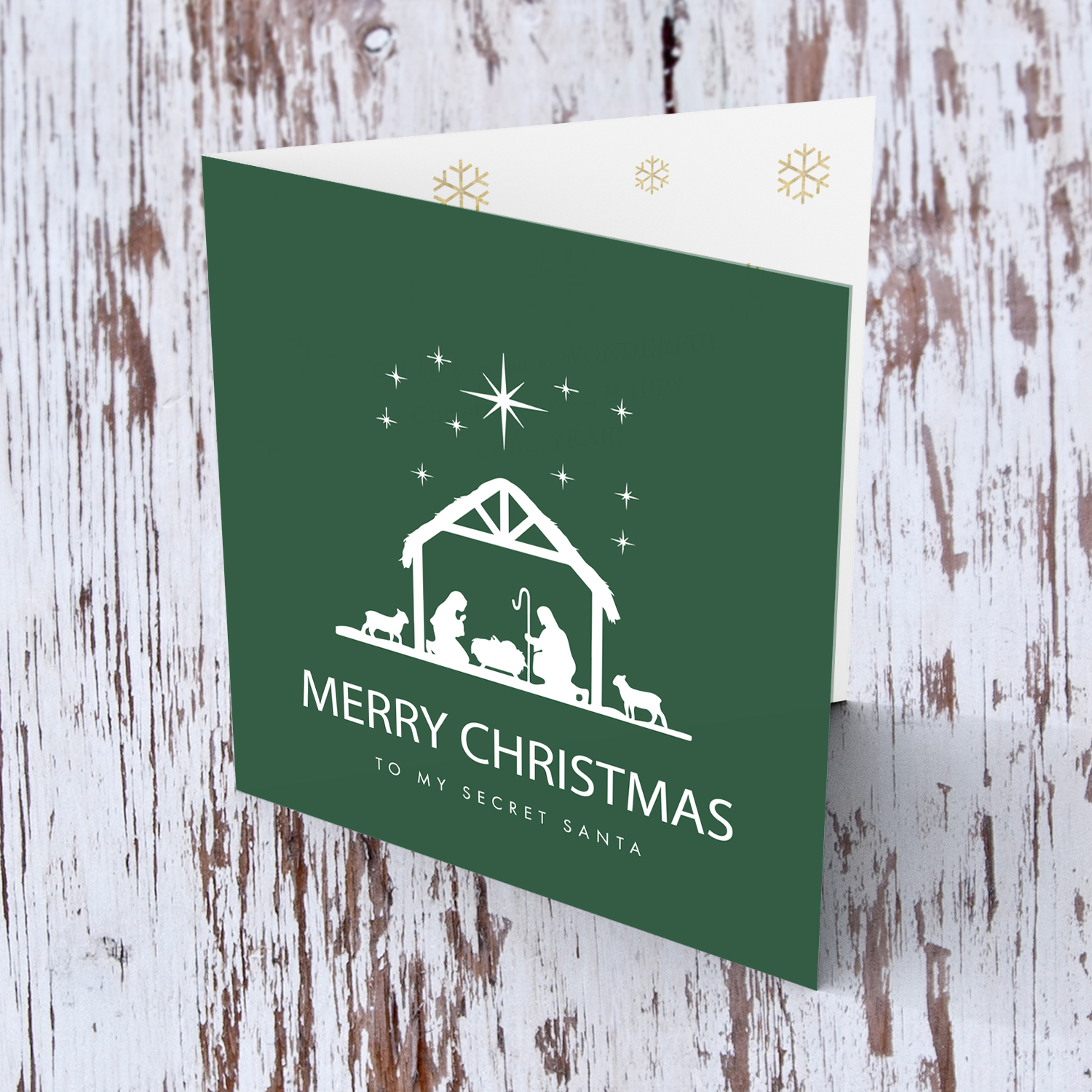 Crib silhouette with green background Christmas card to my secret santa in english