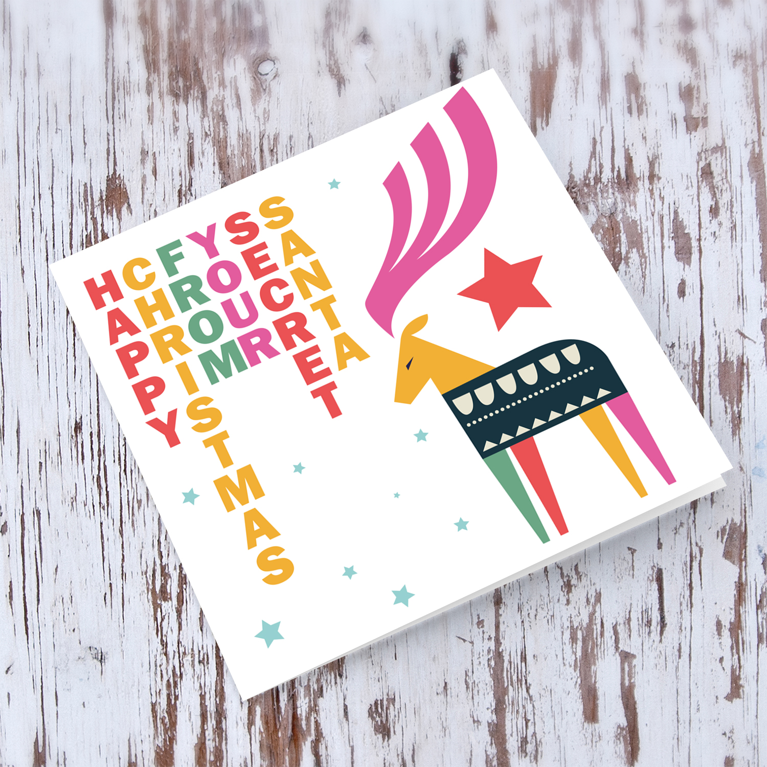 Reindeer themed Christmas card - secret santa in English