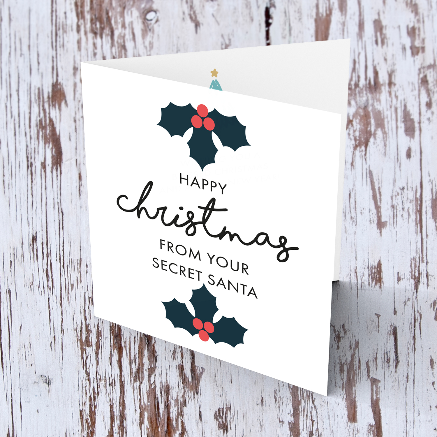 Minimalist Christmas card with hollies - Secret Santa in English