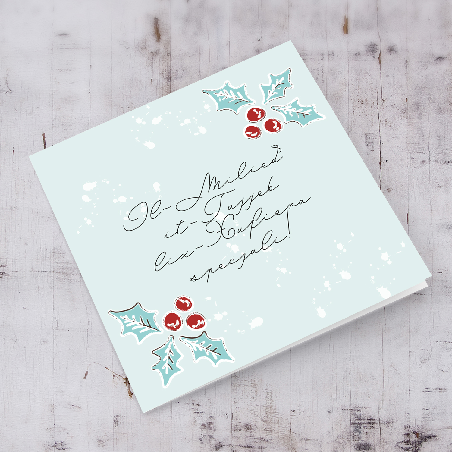 Christmas holly, scattered snow, and light background Christmas card in for a special school driver (FEMALE) Maltese