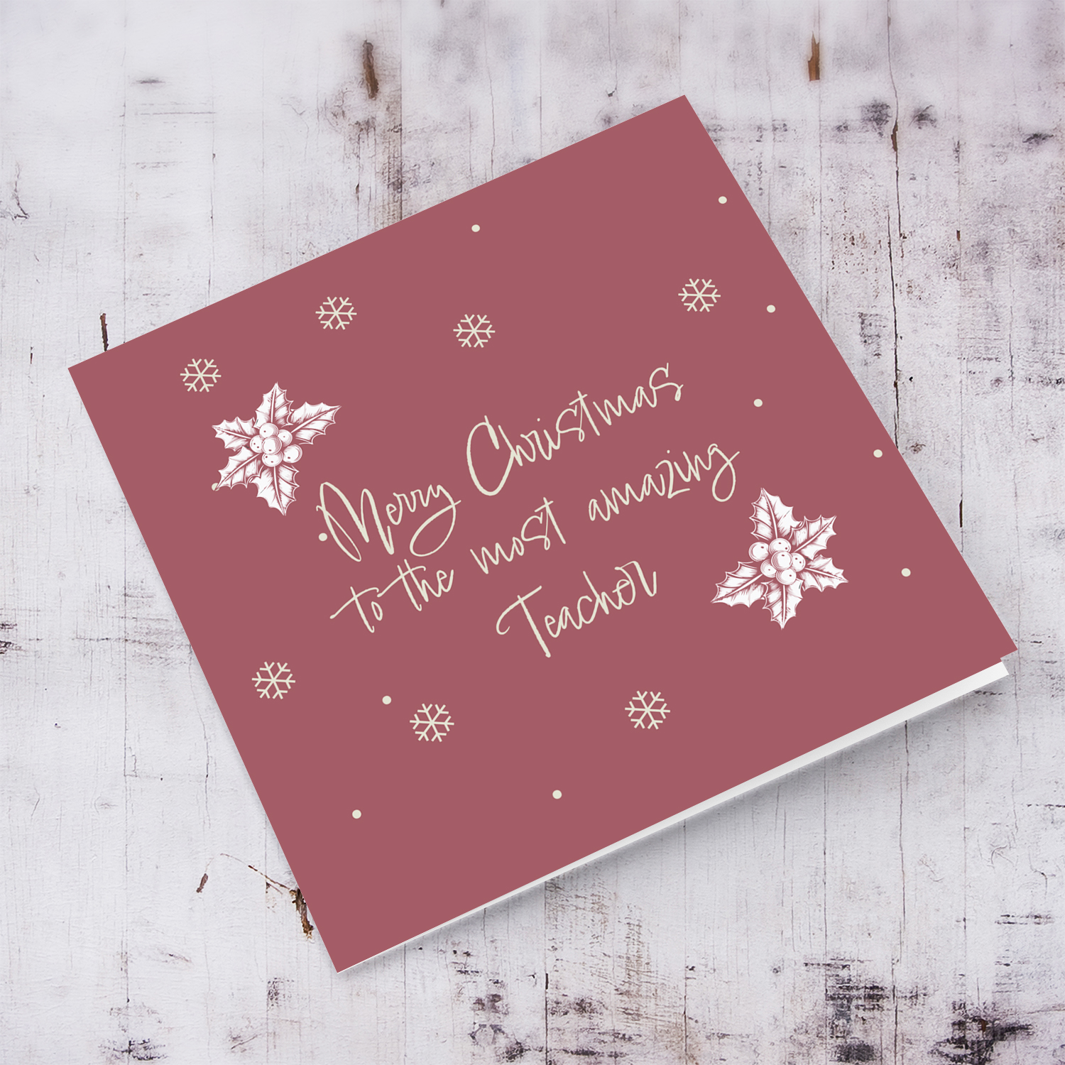 Monochrome & minimalist christmas card in wine / maroon background for Teacher in English