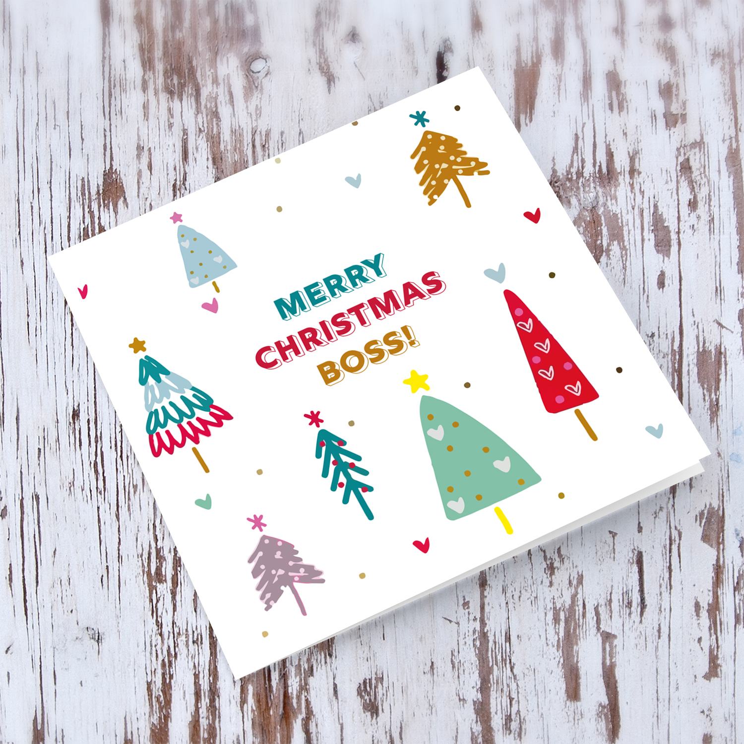 Colourful christmas trees Christmas card for Boss in English