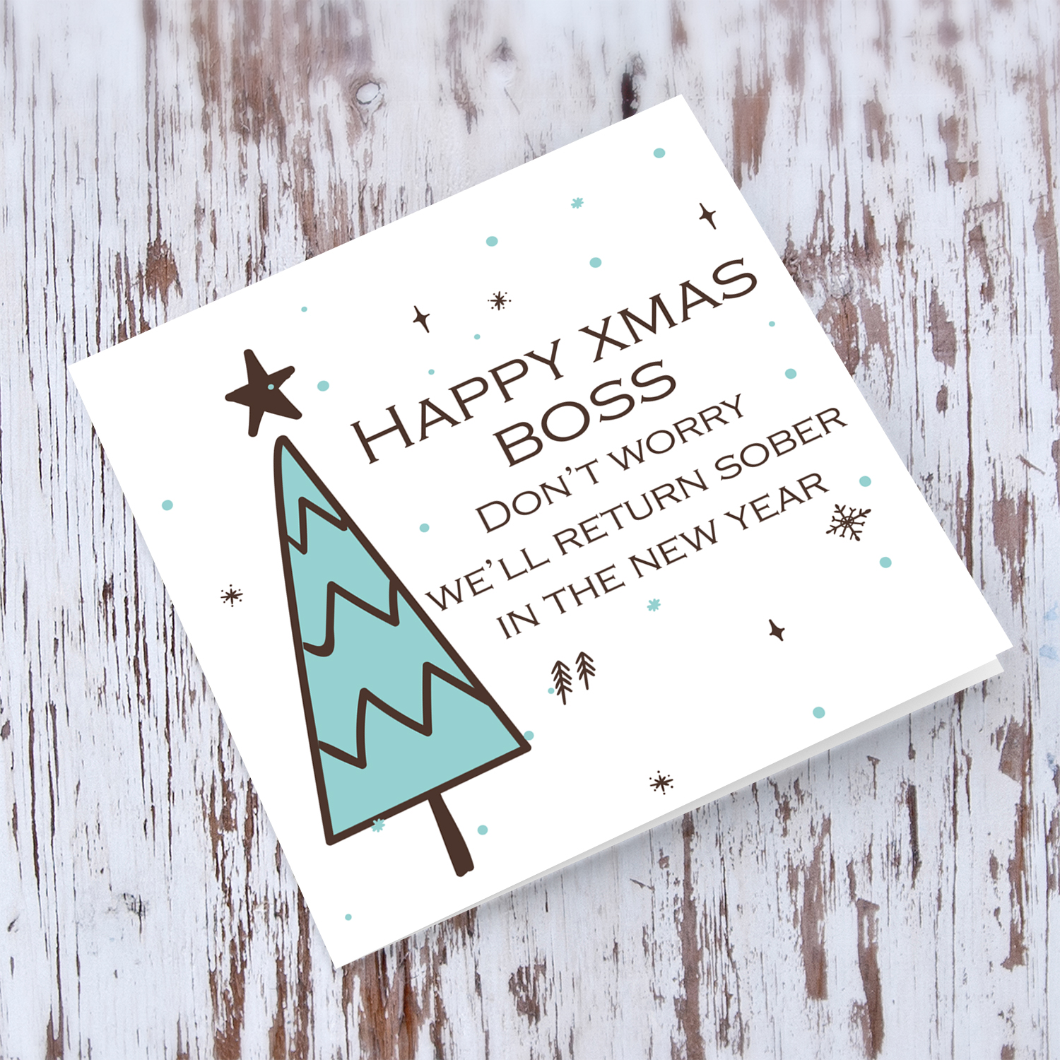 Boss - Funny Christmas card to Boss in English with cute Christmas tree and scattered snowflakes