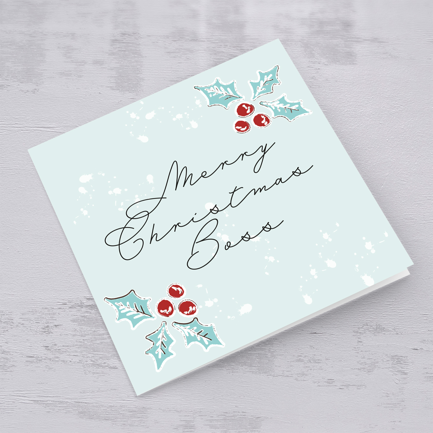 Boss - Christmas holly, scattered snow, and light background Christmas card for Boss in English