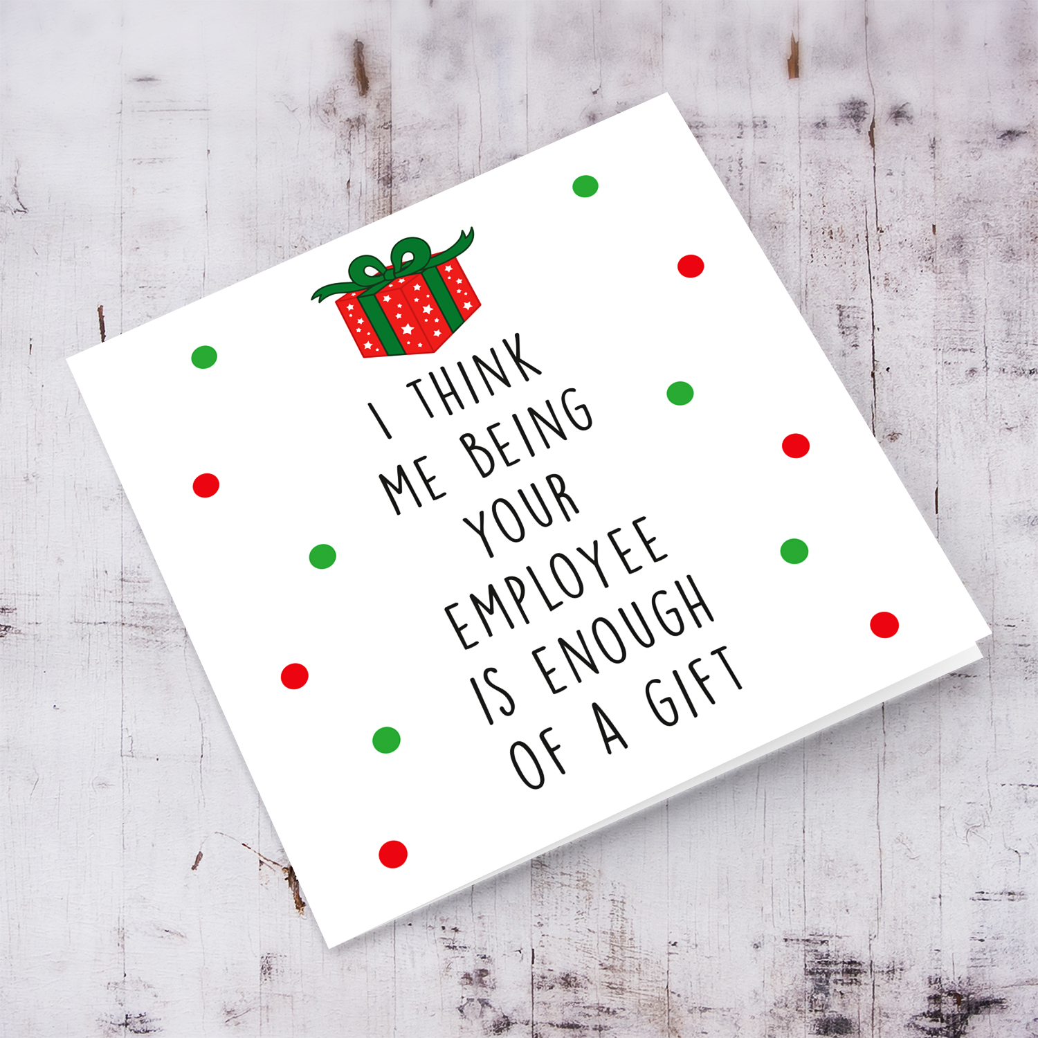 Boss / Manager - Funny Christmas card to Boss / Manager in English with Christmas gift and scattered red and green dots (SINGULAR)